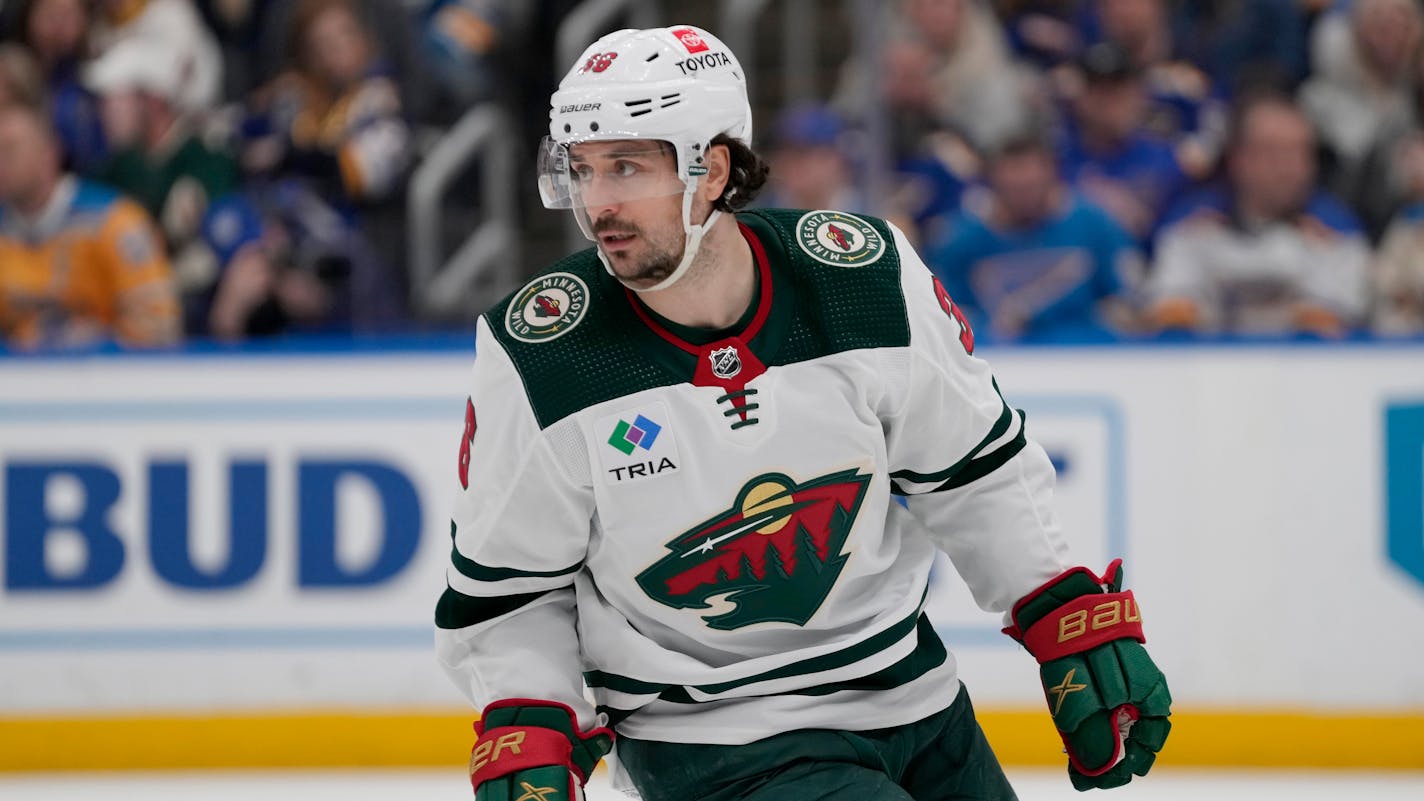 Minnesota Wild's Mats Zuccarello in action during the second period of an NHL hockey game against the St. Louis Blues Saturday, Dec. 31, 2022, in St. Louis. (AP Photo/Jeff Roberson)