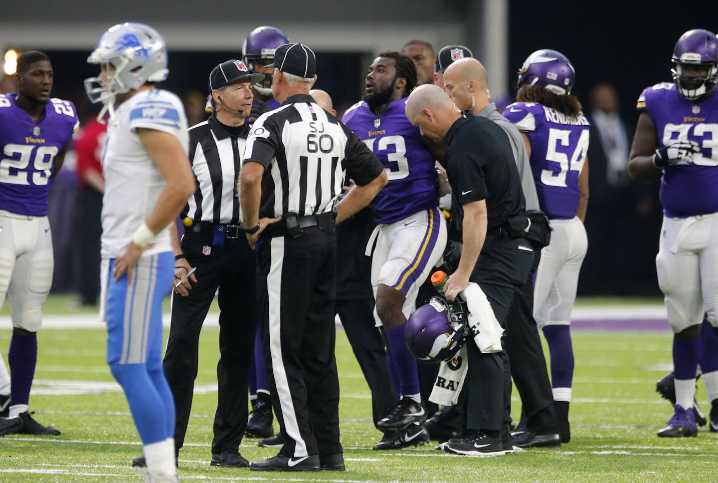 Minnesota Vikings running back Dalvin Cook (33) is helped off the field after getting injured during the second half of an NFL football game against the Detroit Lions, Sunday, Oct. 1, 2017, in Minneapolis. (AP Photo/Jim Mone)