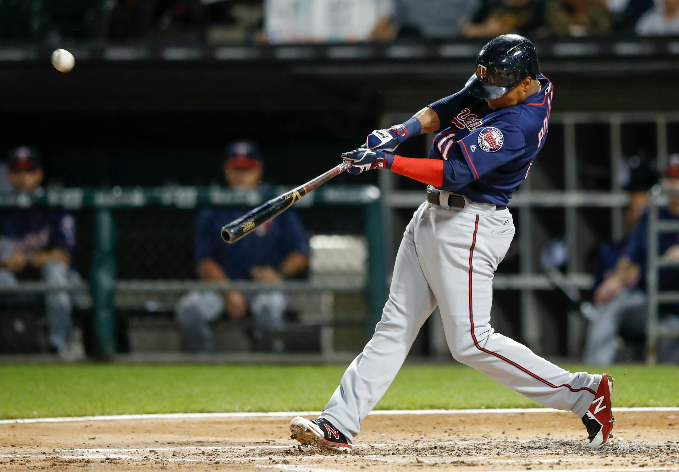 Minnesota Twins' Jorge Polanco hits three-run home-run off Chicago White Sox' Carson Fulmer during the second inning of game two of a baseball doubleheader, Monday, Aug. 21, 2017, in Chicago. (AP Photo/Kamil Krzaczynski)