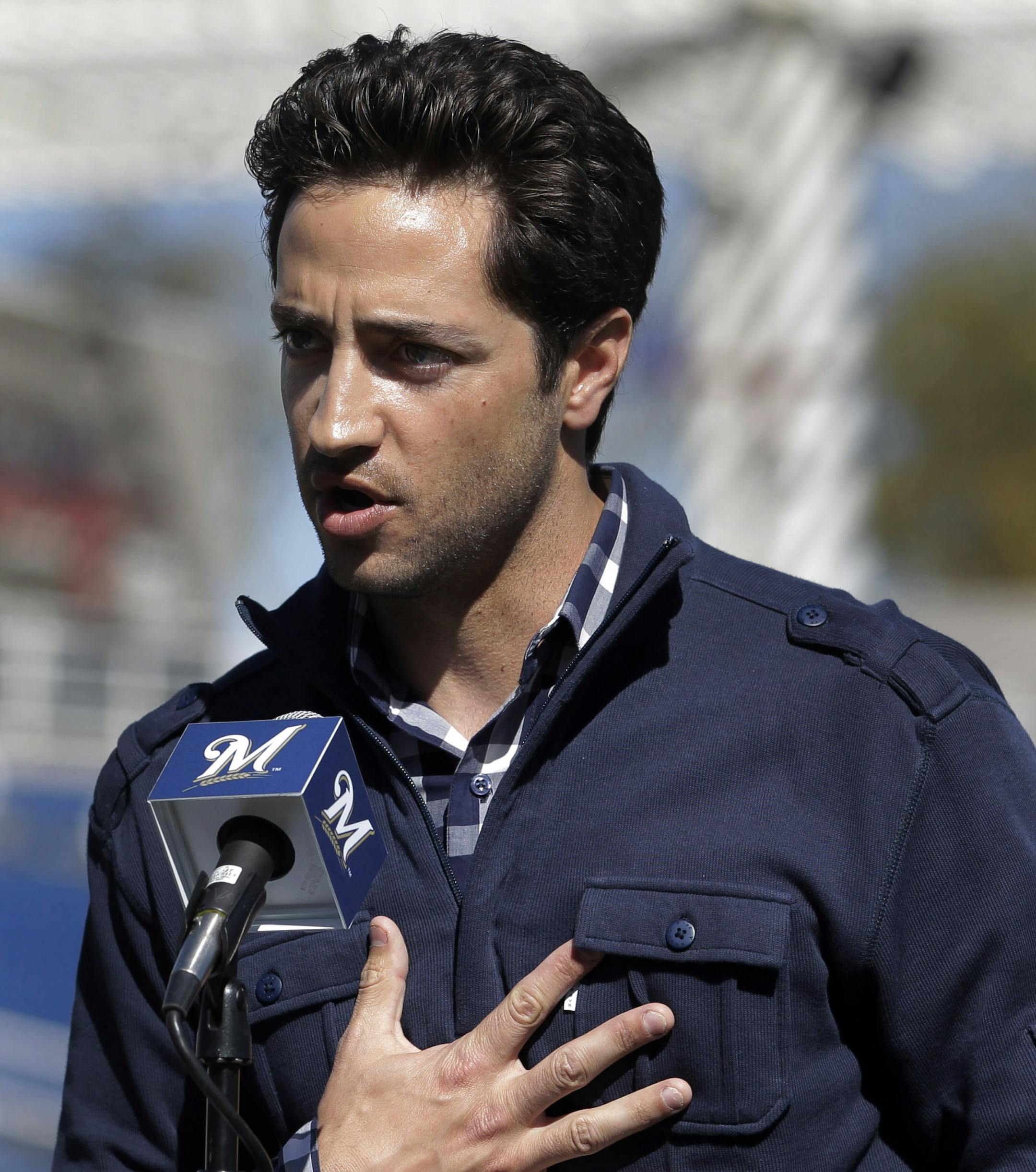 FILE - In this Feb. 24, 2012 file photo, Milwaukee Brewers' Ryan Braun speaks during a news conference at spring training baseball in Phoenix. Braun stood on a spring training field and proclaimed he was innocent of using banned testosterone. "I would bet my life," he said back then, "that this substance never entered my body at any point." Seventeen months later, he accepted a 65-game suspension from baseball and admitted, "I am not perfect. The 2011 National League MVP was suspended without pa