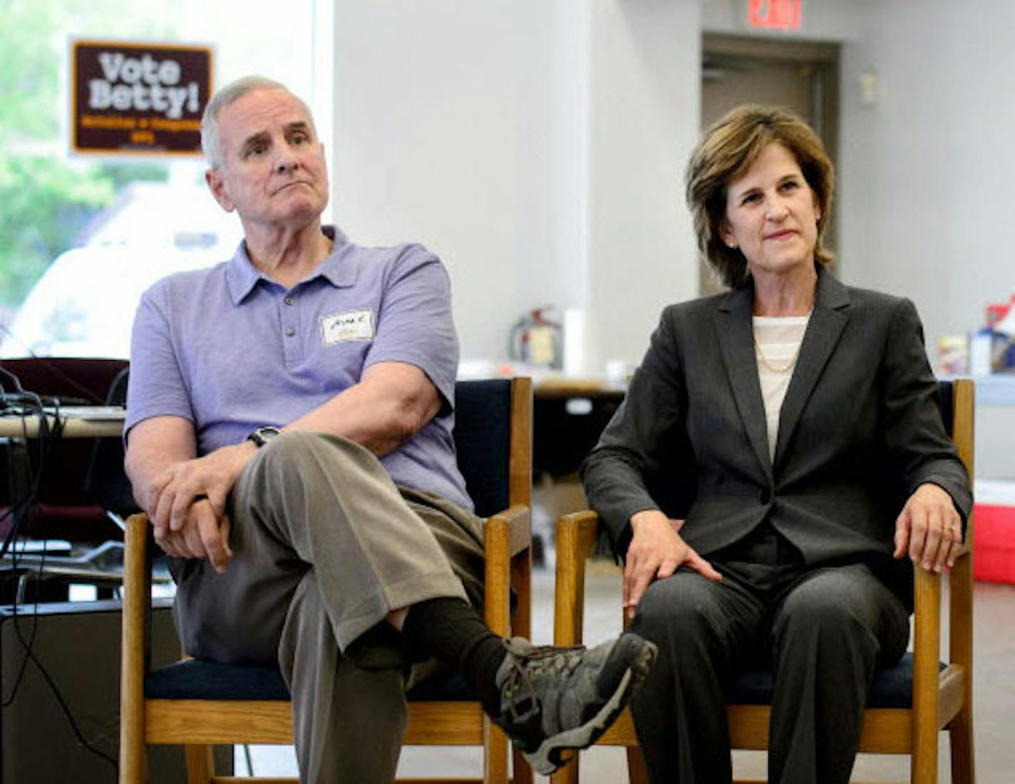 Gov. Mark Dayton and State Auditor Rebecca Auditor, shown campaigning in St. Paul in 2014.