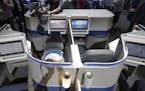 United Airlines' new Polaris service seating configuration, to become available on trans-Atlantic flights, is displayed during a presentation in New Y