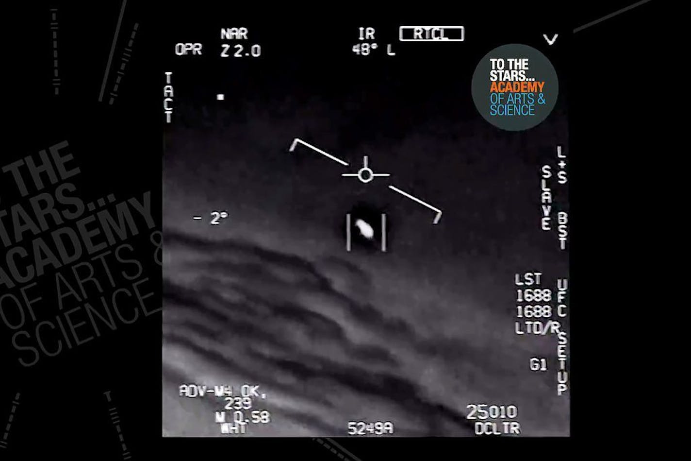 In this undated image made from video from a U.S. Navy aircraft and released by The Stars Academy of Arts & Science, an unidentified object moves near the plane in the air.