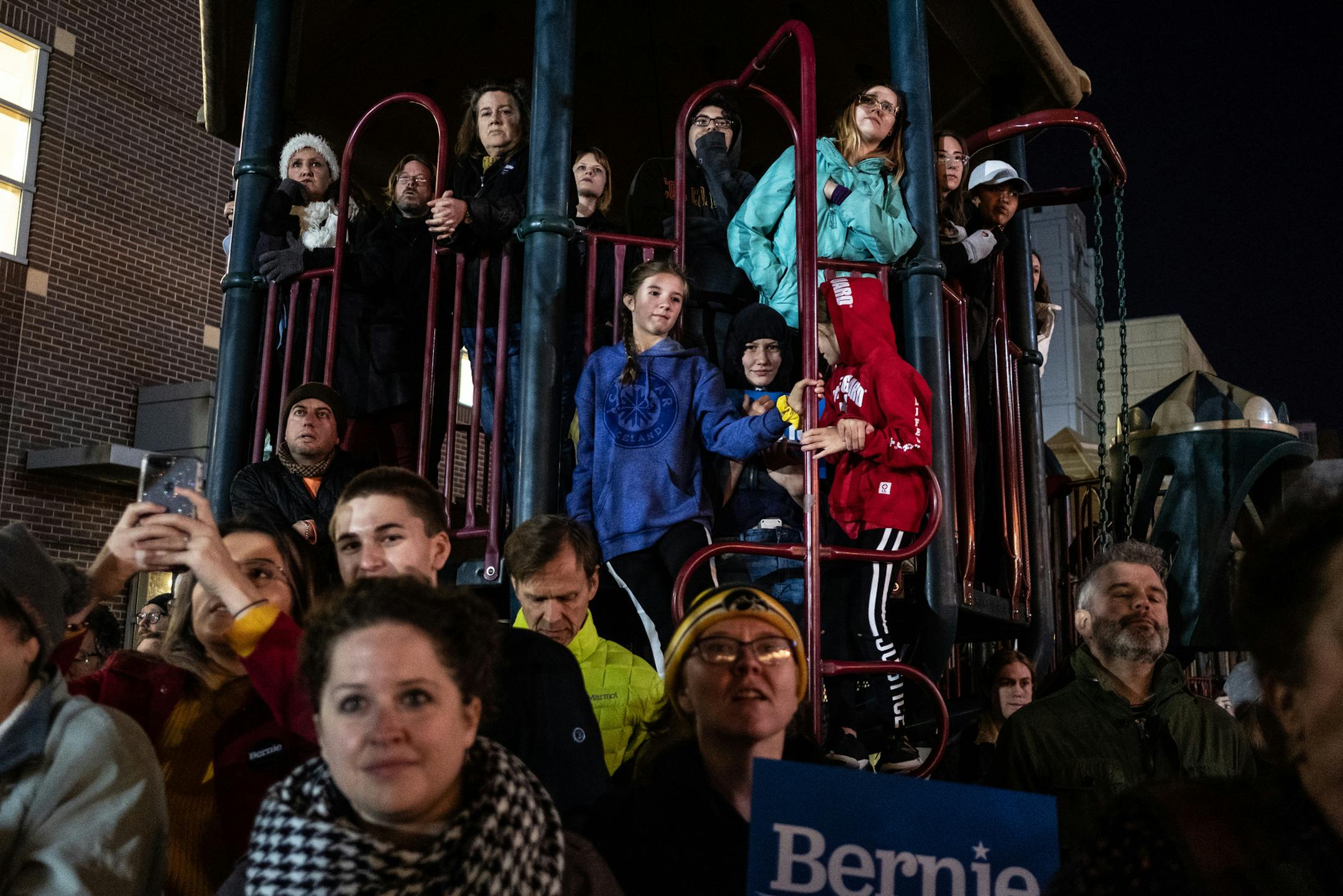 FILE -- Children and adults crowded a playground in Iowa City, Iowa to watch a campaign event on Oct. 25, 2019. Ahead of every presidential election, candidates sprint across Iowan, the first-in-the-nation nominating state, to pitch themselves to voters as the best person to lead their party. (Jordan Gale/The New York Times)