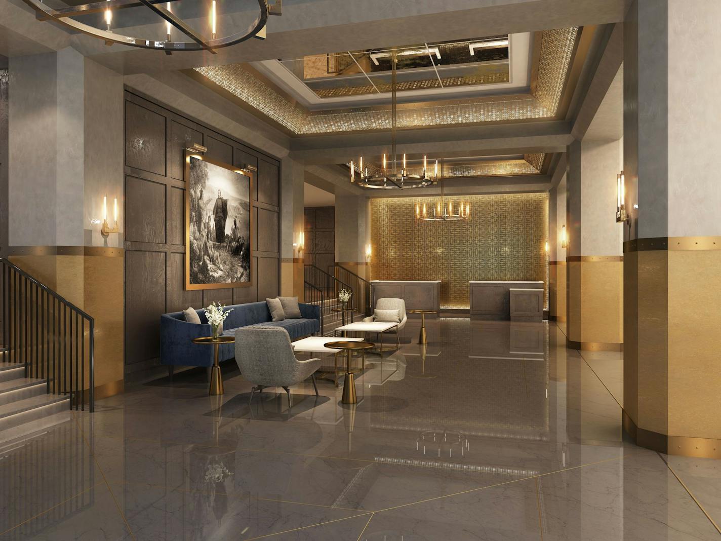 A rendering shows the new lobby of the Marquette Hotel, Curio Collection by Hilton.
(Provided by Mark Zeff Design)