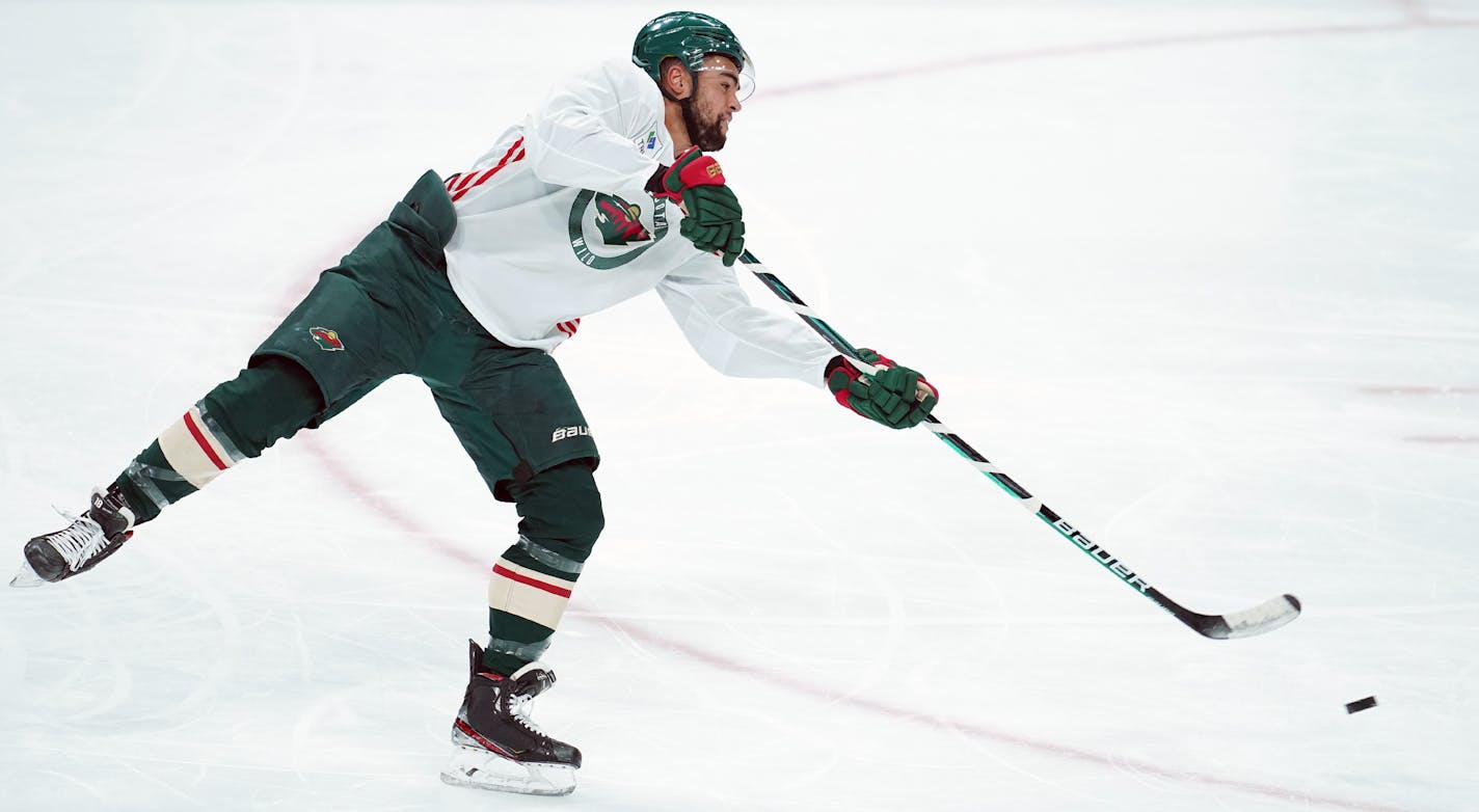 Minnesota Wild left wing Jordan Greenway (18) took a shot during practice Friday. ] ANTHONY SOUFFLE • anthony.souffle@startribune.com