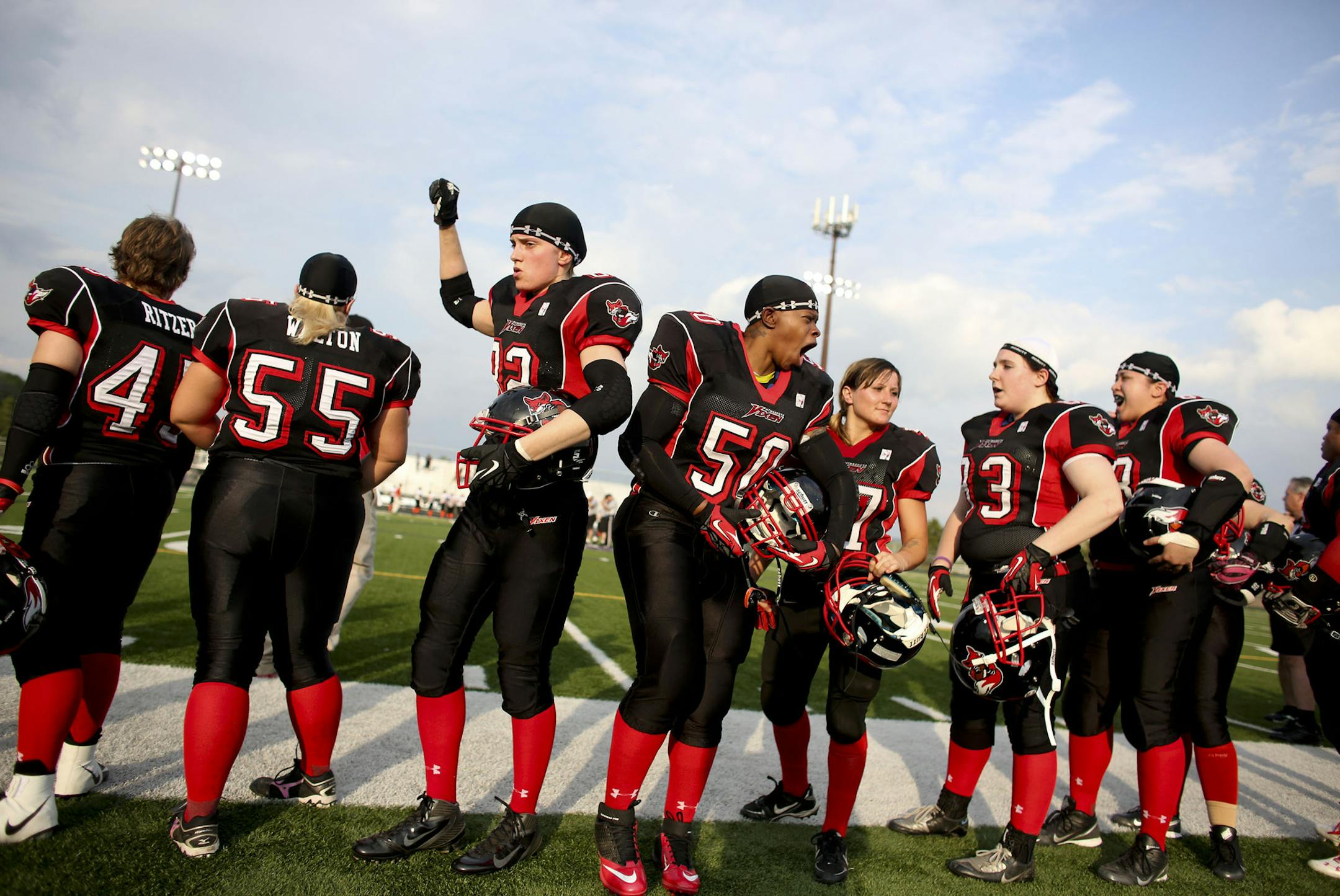 Vixen Aimee Jorgenson, left and Torino Grady jumped and yelled to get their team pumped up before their game against the Madison Blaze in Chaska Min., Saturday, May 18, 2013. ] (KYNDELL HARKNESS/STAR TRIBUNE) kyndell.harkness@startribune.com