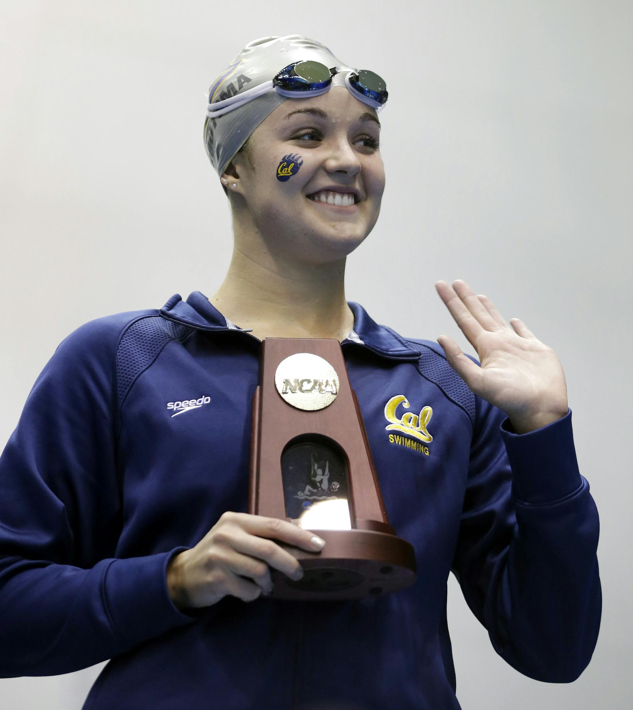 California's Rachel Bootsma waves on the podium after winning the 100-yard backstroke at the NCAA women's swimming and diving championships Friday, March 22, 2013, in Indianapolis. Bootsma won in 50.13 seconds. (AP Photo/Darron Cummings) ORG XMIT: INDC112