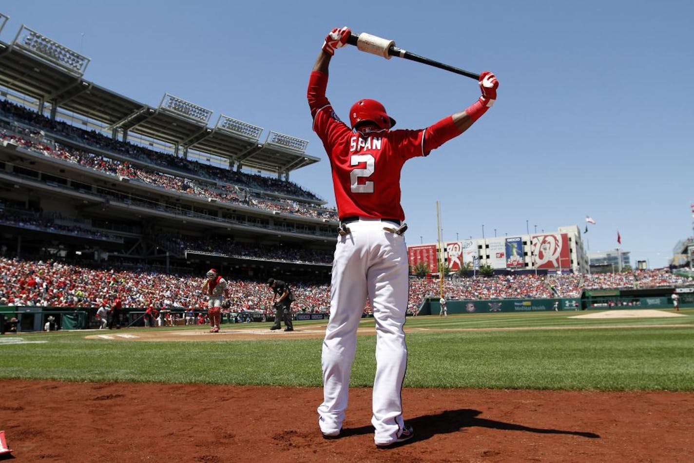 Washington Nationals center fielder Denard Span (2) prepares to bat during a baseball game against the Philadelphia Phillies at Nationals Park Sunday, May 26, 2013, in Washington.