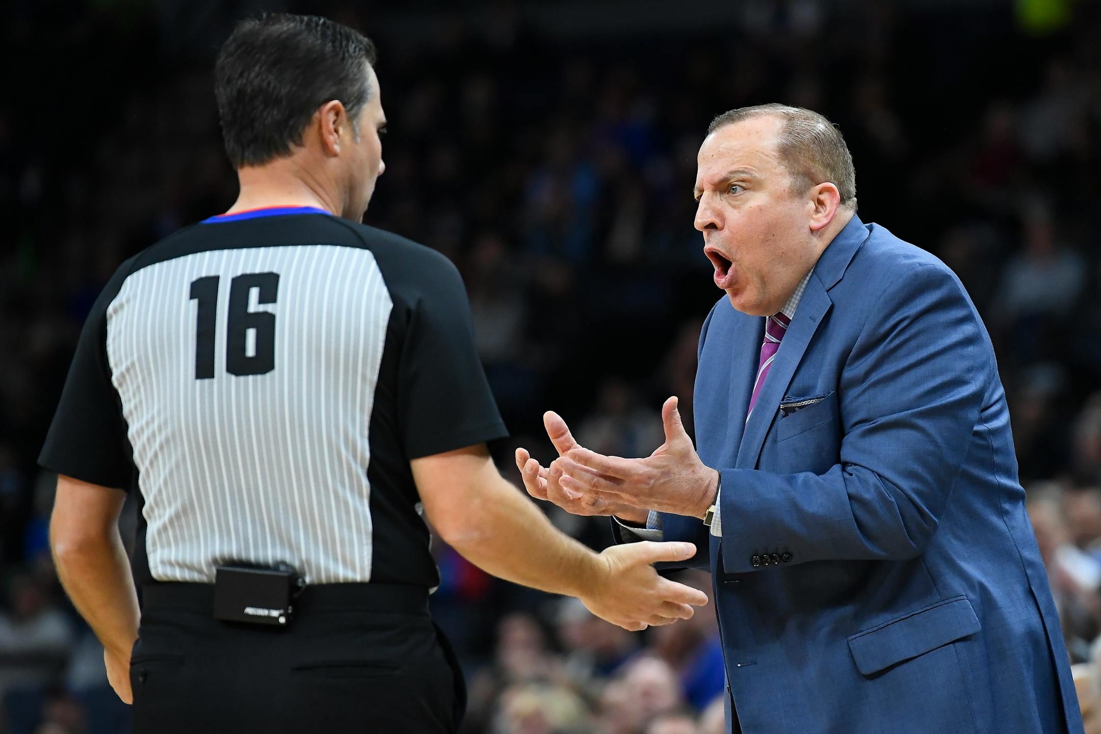 Timberwolves coach Tom Thibodeau argued with official David Guthrie in the second quarter during Wednesday's game against the Pelicans at Target Center.