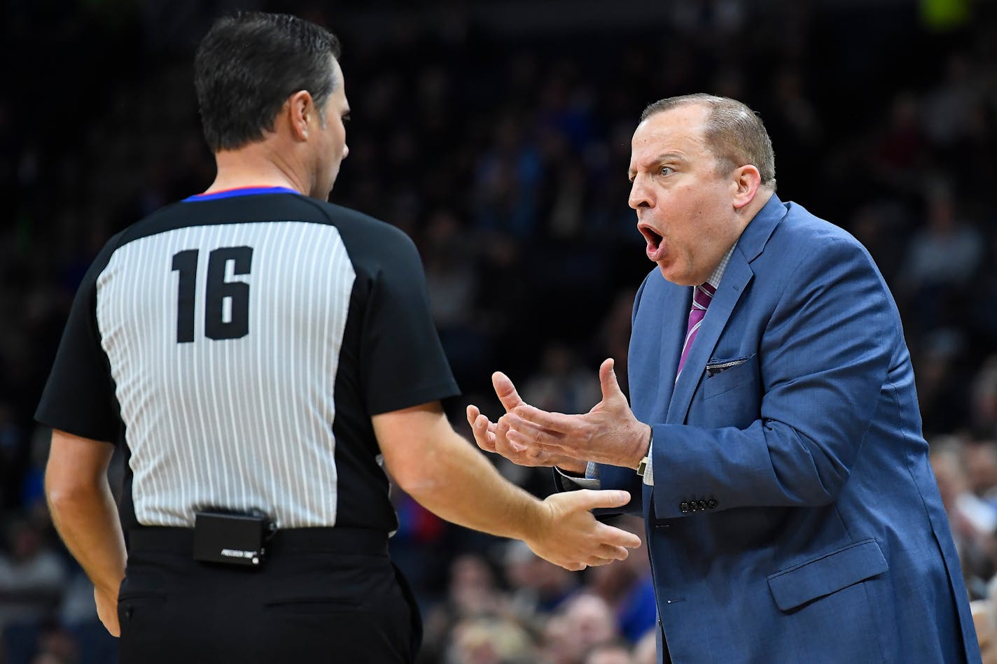 Timberwolves coach Tom Thibodeau argued with official David Guthrie in the second quarter during Wednesday's game against the Pelicans at Target Center.