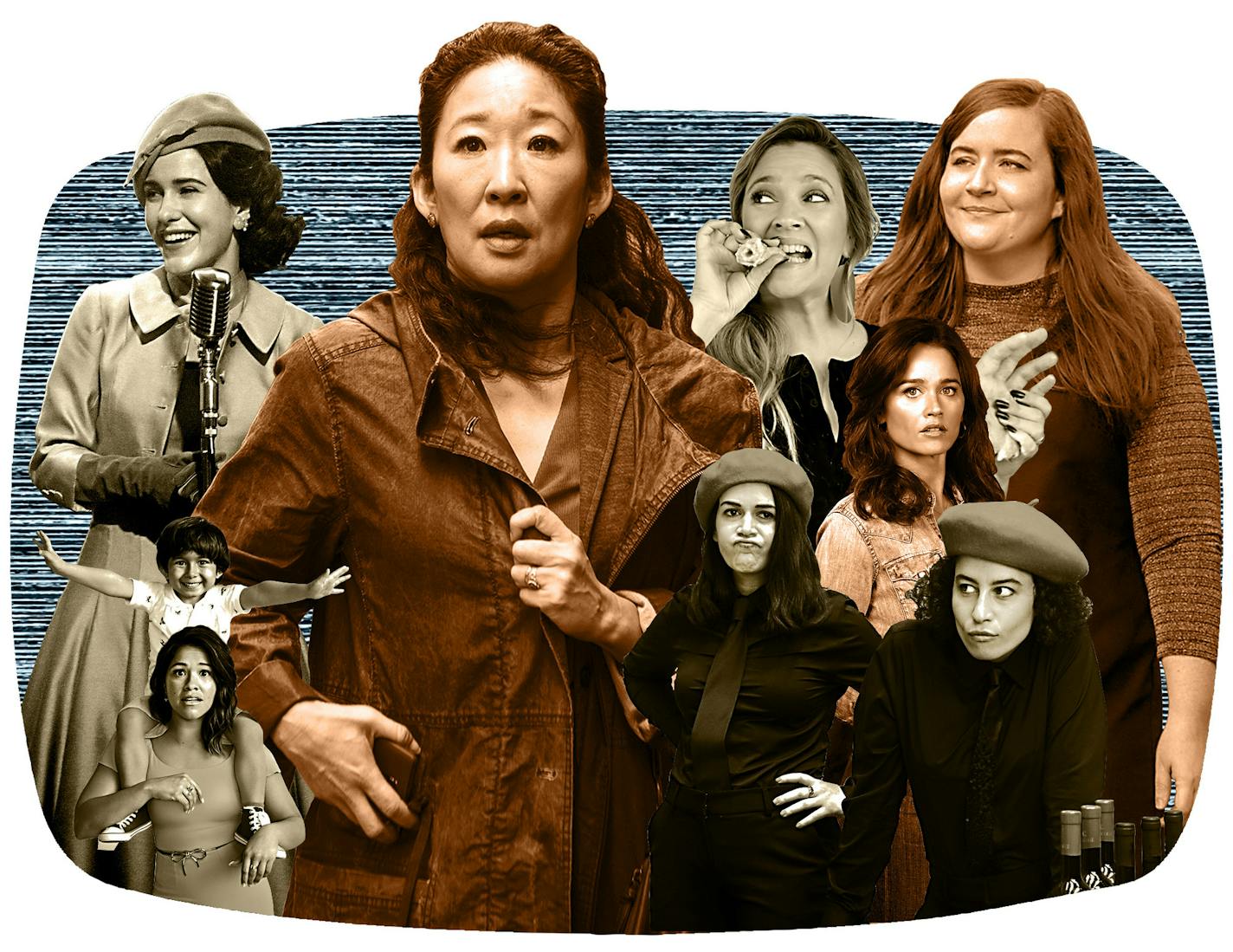 Clockwise from lower left: &#x201c;Jane the Virgin,&#x201d; &#x201c;The Marvelous Mrs. Maisel,&#x201d; &#x201c;Killing Eve,&#x201d; &#x201c;Santa Clarita Diet,&#x201d; &#x201c;Shrill,&#x201d; &#x201c;The Fix&#x201d; and &#x201c;Broad City.&#x201d;
Star Tribune illustration/photos by NBC, Amazon, BBC America, Netflix, Hulu, ABC, Comedy Central, iStock