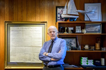 Stanley Hubbard is proud of his 1840 exact copy of the Declaration of independence that hangs in his office next to it on the left, a thank you letter