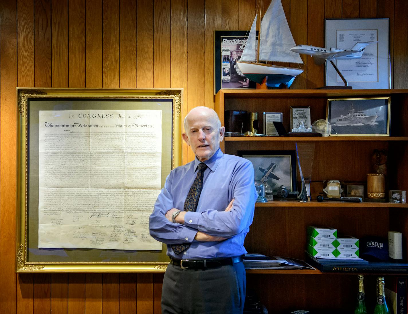 Stanley Hubbard is proud of his 1840 exact copy of the Declaration of independence that hangs in his office next to it on the left, a thank you letter from Ronald Reagan. ] GLEN STUBBE * gstubbe@startribune.com Wednesday, November 11, 2015 interview with Stanley Hubbard, CEO of Hubbard Broadcasting, about his long history of being a major political donor both in Minnesota and nationally. ORG XMIT: MIN1511111717270009