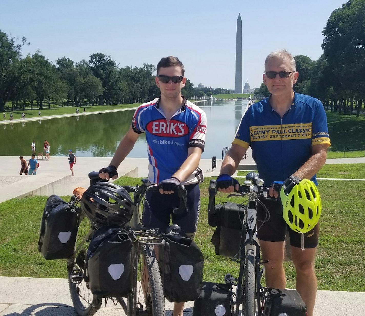 Dorian Grilley, executive director of Bicycle Alliance of Minnesota, right, with his son, Davis, in Washington, D.C. The two made their way from Mahtomedi to Washington, D.C., over three years and three legs. The last was from Pittsburgh to D.C., with trip total more than 1,500 miles.