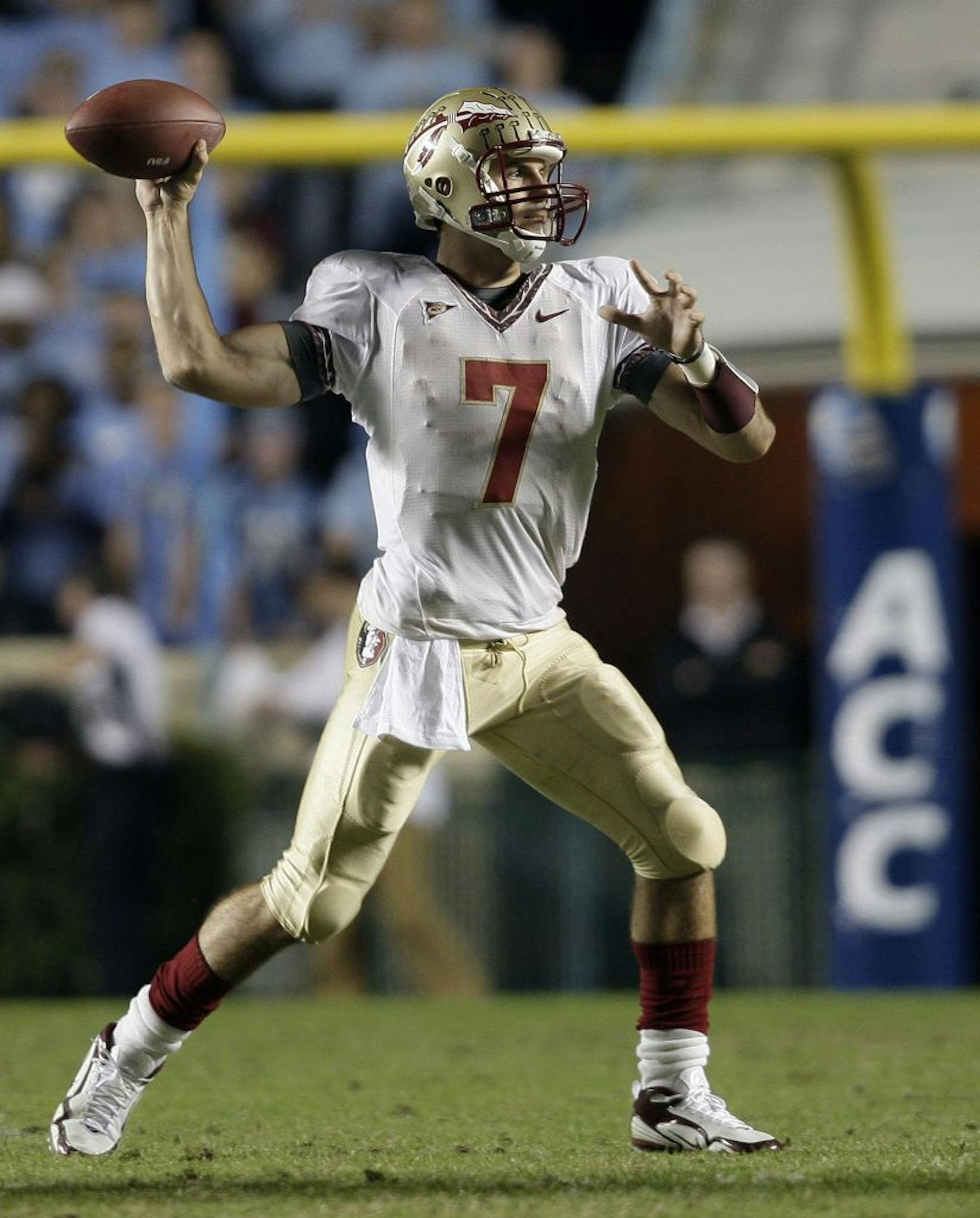 Florida State quarterback Christian Ponder passes against North Carolina during the first half of an NCAA college football game in Chapel Hill, N.C., Thursday, Oct. 22, 2009.