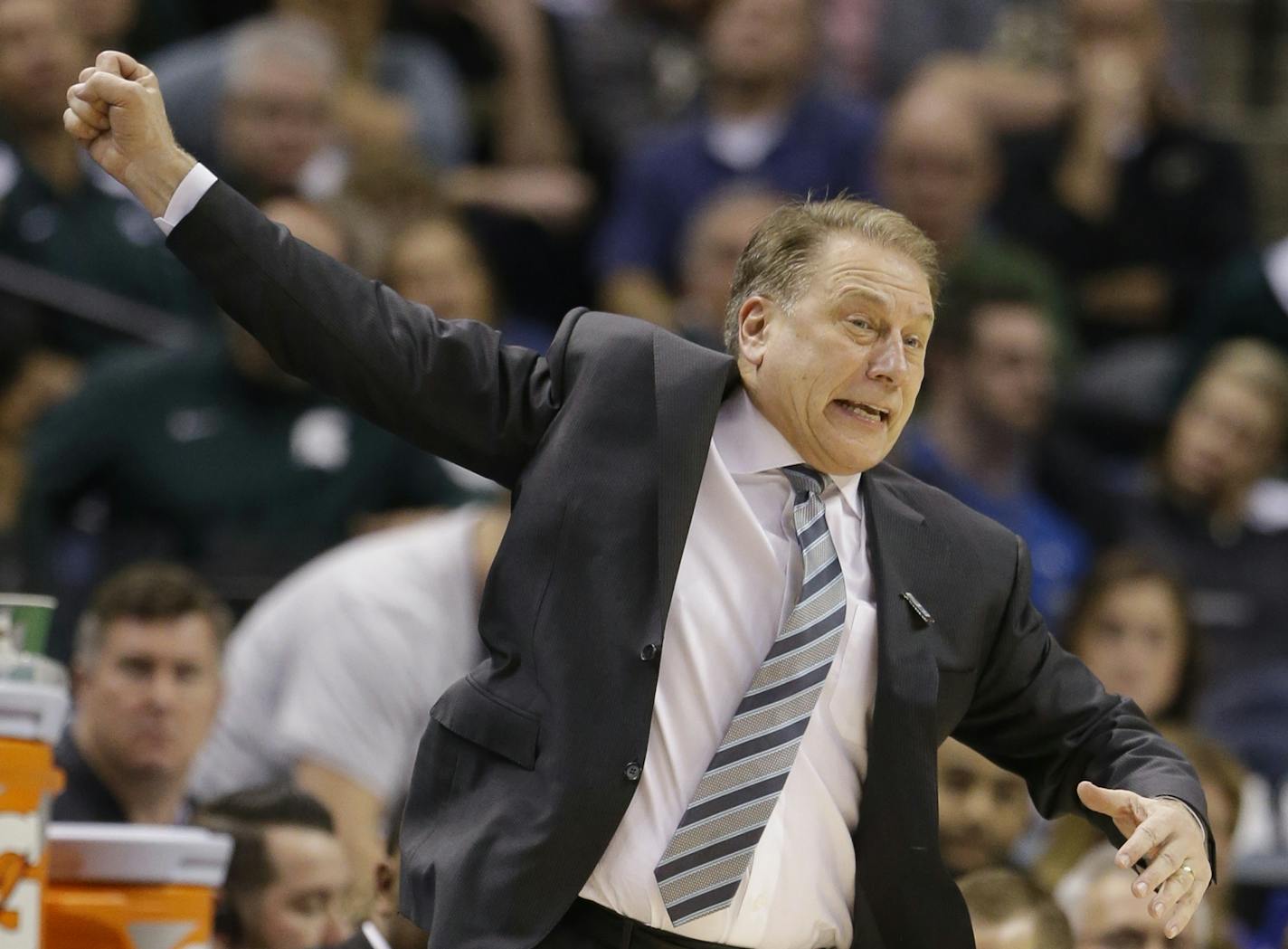 Michigan State's head coach Tom Izzo reacts to a play during the second half of an NCAA college basketball game against Purdue in the finals at the Big Ten Conference tournament, Sunday, March 13, 2016, in Indianapolis. (AP Photo/Michael Conroy)