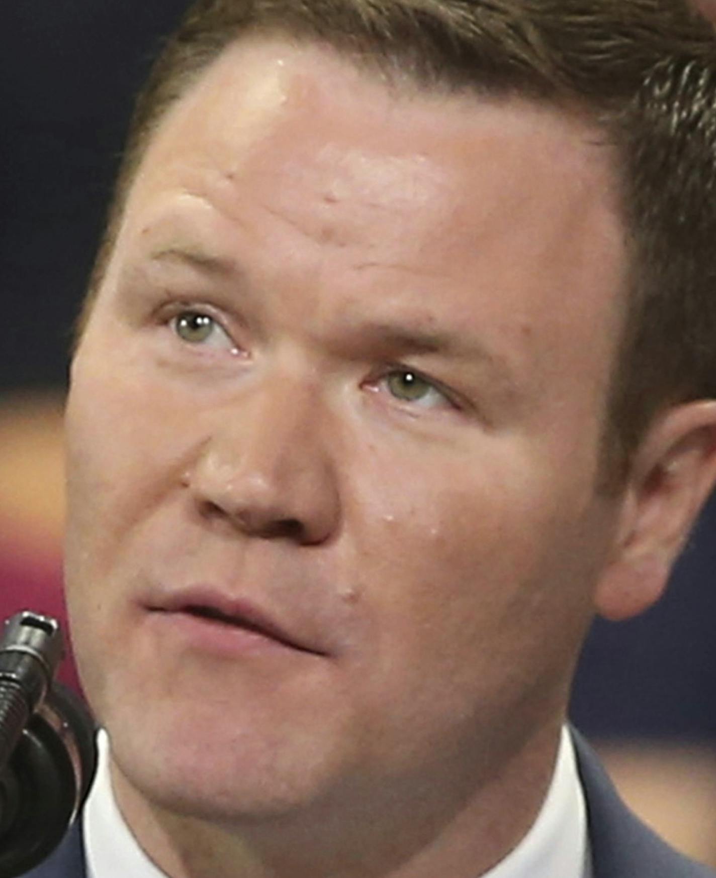 In this Oct. 4, 2018 photo, Doug Wardlow, Republican candidate for Minnesota Attorney General, is shown during a Trump rally in Rochester, Minn. Wardlow faces Democrat U.S. Rep. Keith Ellison in Minnesota's attorney general race. (AP Photo/Jim Mone)