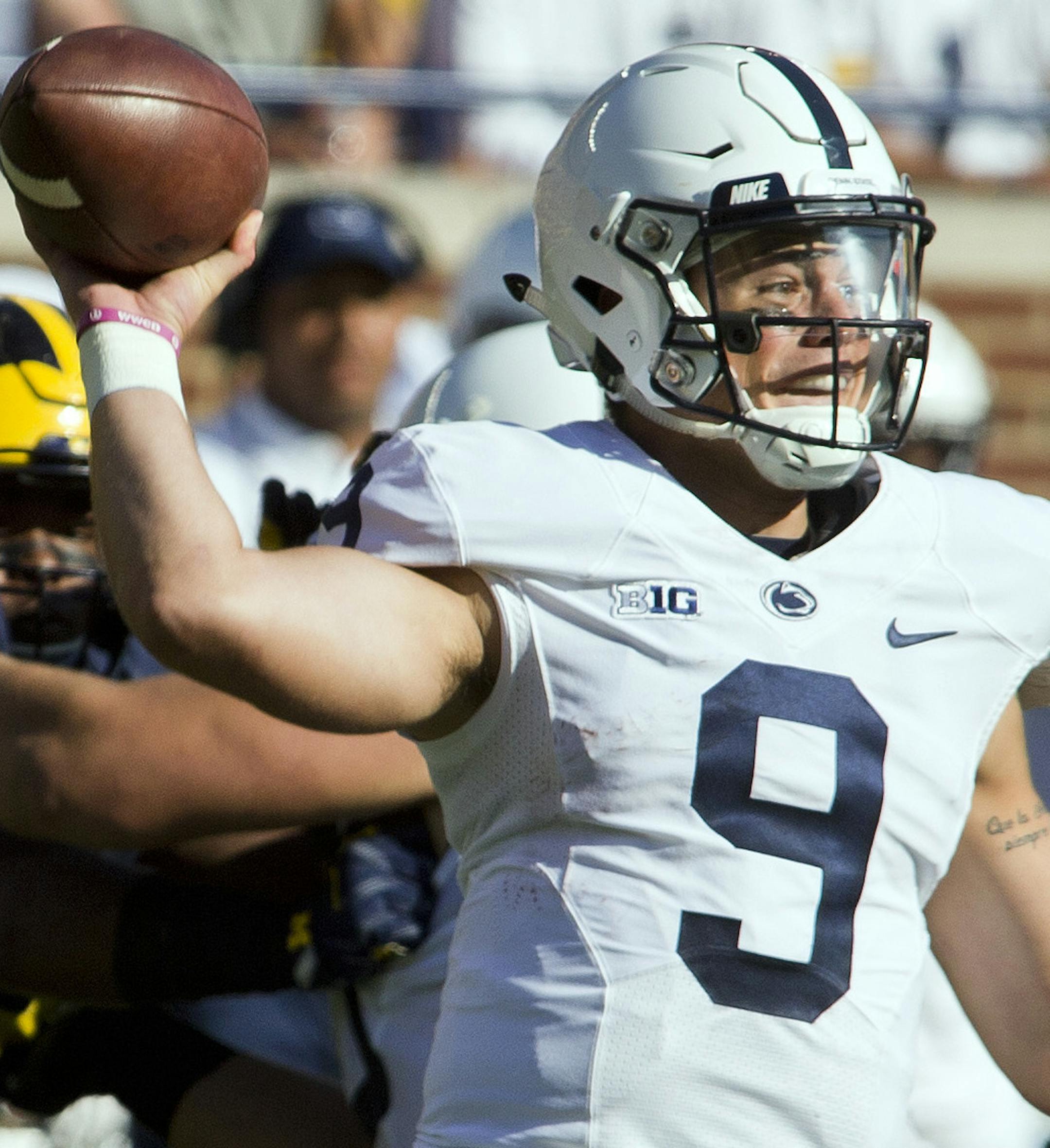 Penn State quarterback Trace McSorley (9) throws a pass in the first half of an NCAA college football game against Michigan at Michigan Stadium in Ann Arbor, Mich., Saturday, Sept. 24, 2016. (AP Photo/Tony Ding) ORG XMIT: MITD104