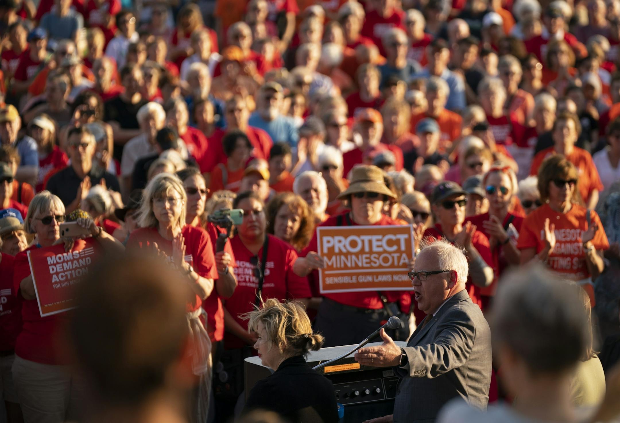 Gov. Tim Walz addressed the assembled crowd on the steps of the State Capitol, echoing earlier remarks he made about opposition to gun restrictions.