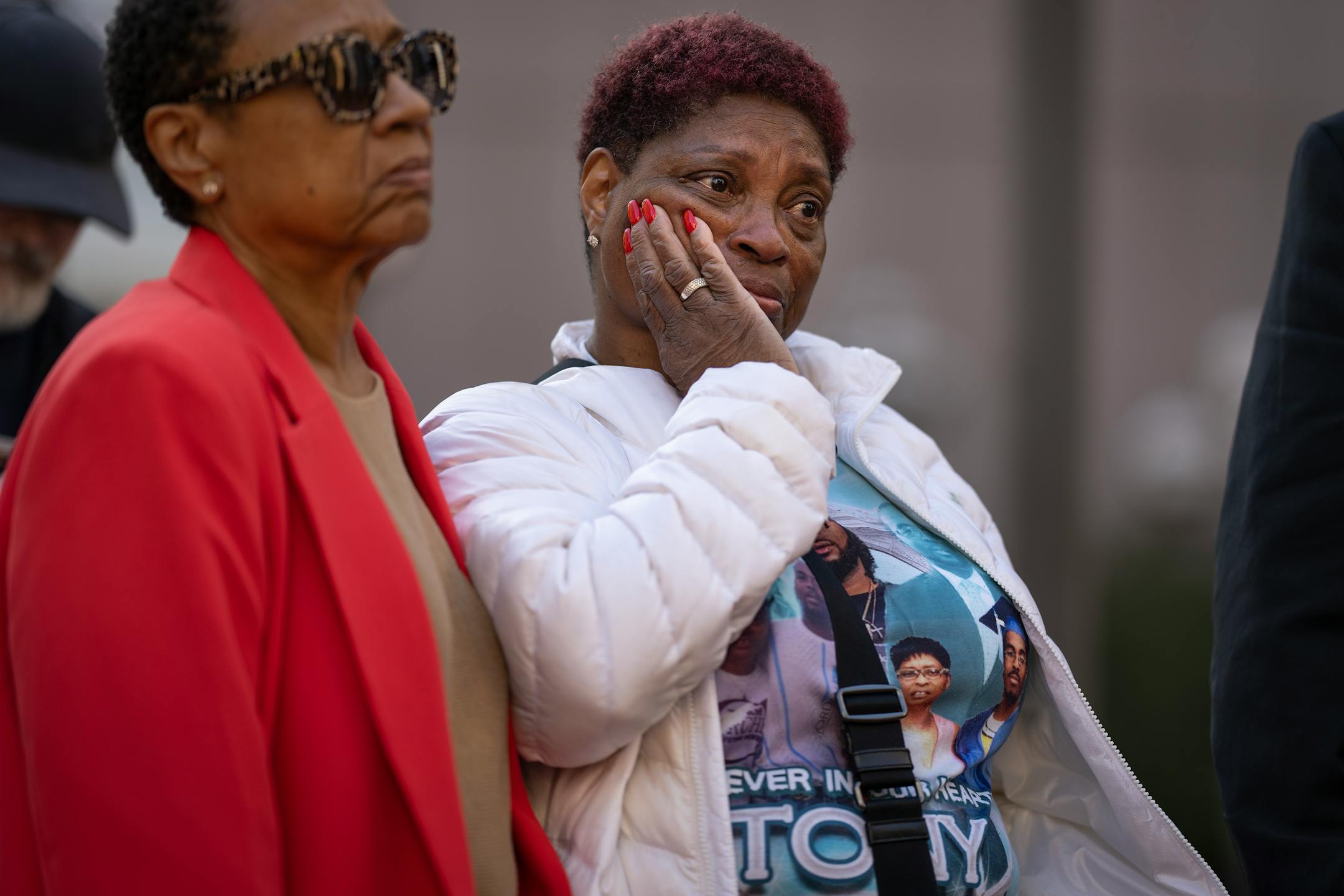 Mary Ann Terrell, the mother of Antonio Moore, gets emotional during a rally in protest of Hennepin County Attorney Mary Moriarty. Antonio Moore was fatally stabbed in May 2023.