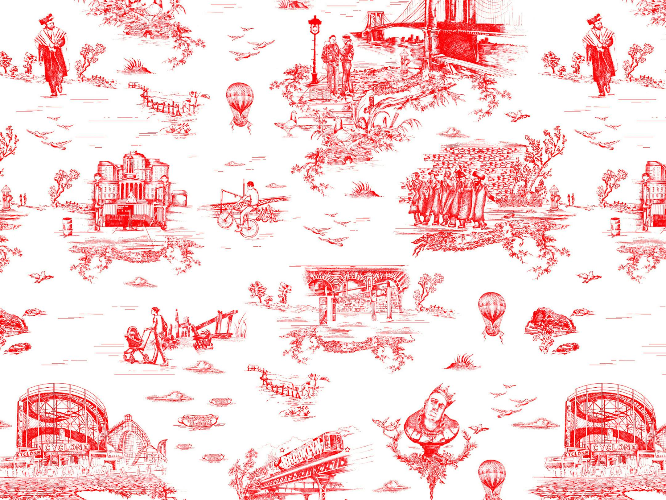 Mike Diamond of the Beastie Boys is one of the designers for this toile paper, originally destined for his Brooklyn home, according to Flavor Paper's web site, which states that the design "captures the King's borough from Coney Island to Hasidic Jews to Notorious B.I.G. to our own Boerum Hill. Daily life in the bk dealing with subways, pigeons, b-boys makin' the freak freak and stroller moms is all up in there." Brooklyn Toile. $200 per roll. Flavor Paper. https://www.flavorpaper.com (Flavor Pa