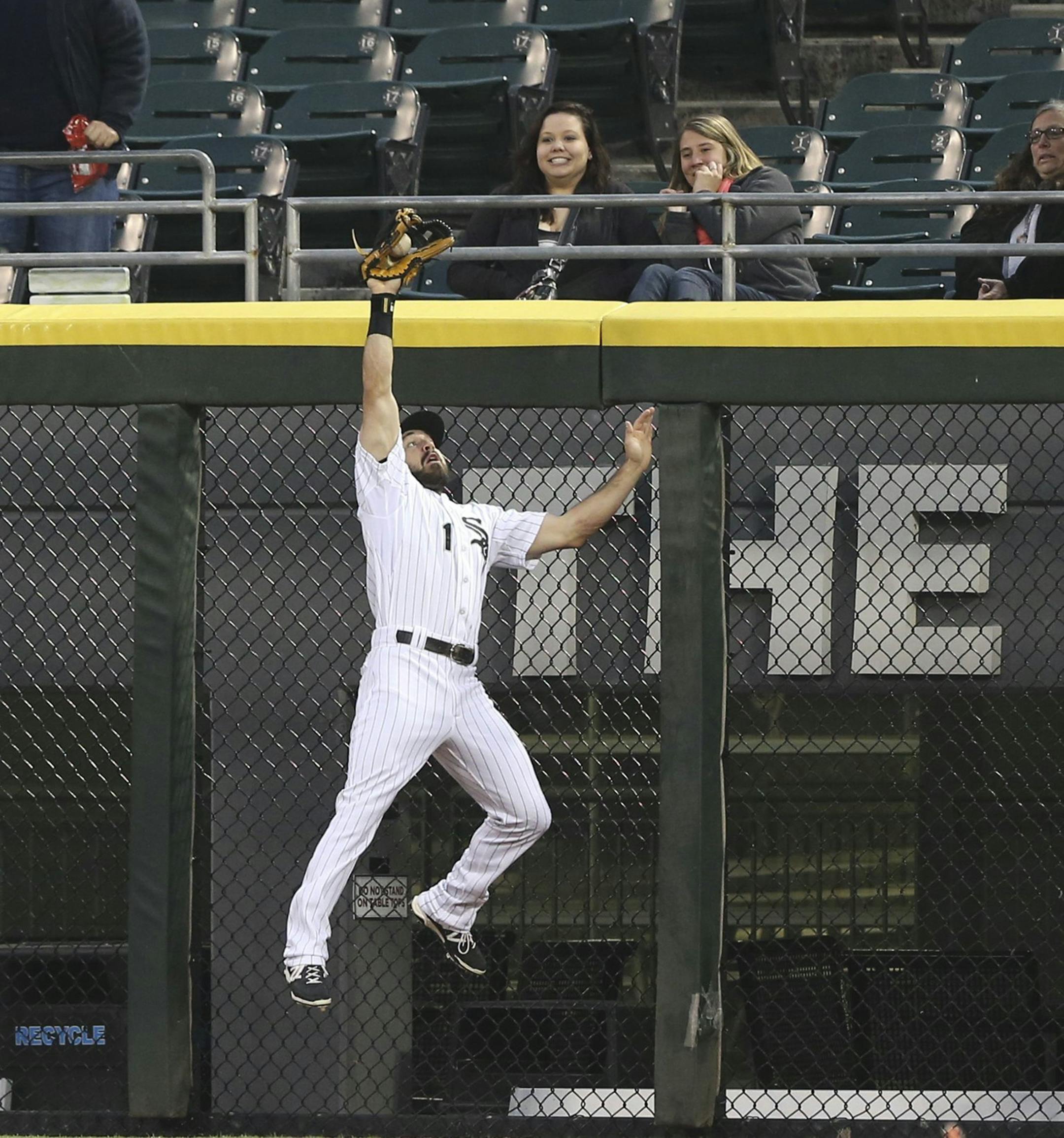 Chicago White Sox center fielder Adam Eaton (1), makes a catch on the sacrifice fly by Tampa Bay Rays left fielder Matt Joyce in the first inning at U.S. Cellular Field in Chicago, Monday, April 28, 2014. (Nuccio DiNuzzo/Chicago Tribune/MCT) ORG XMIT: 1152291