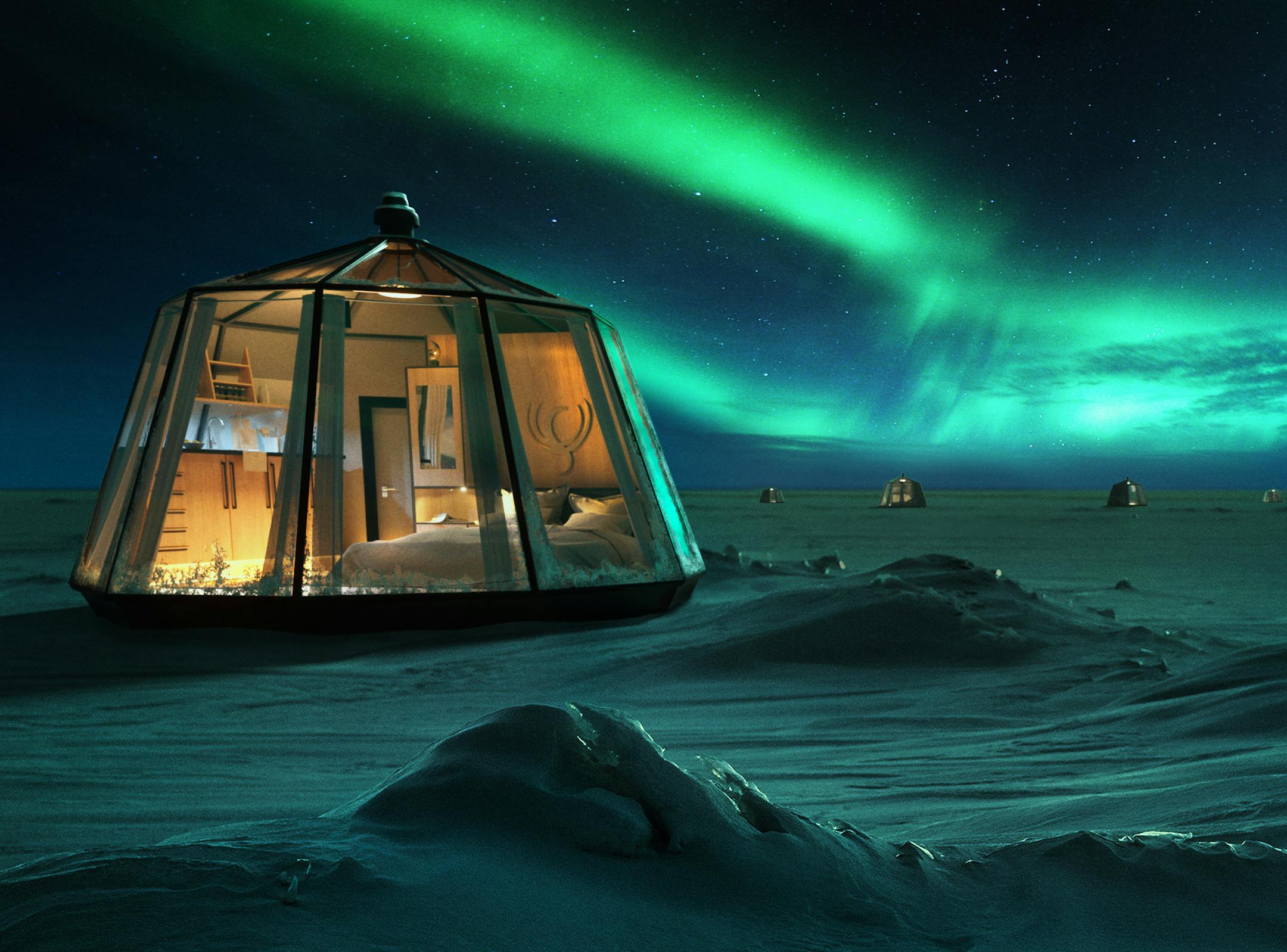 Beautiful wintry sunset. An image of a sun going down behind the horizon and it is making a unusual color to the snow. The lake is covered of ice and snow.