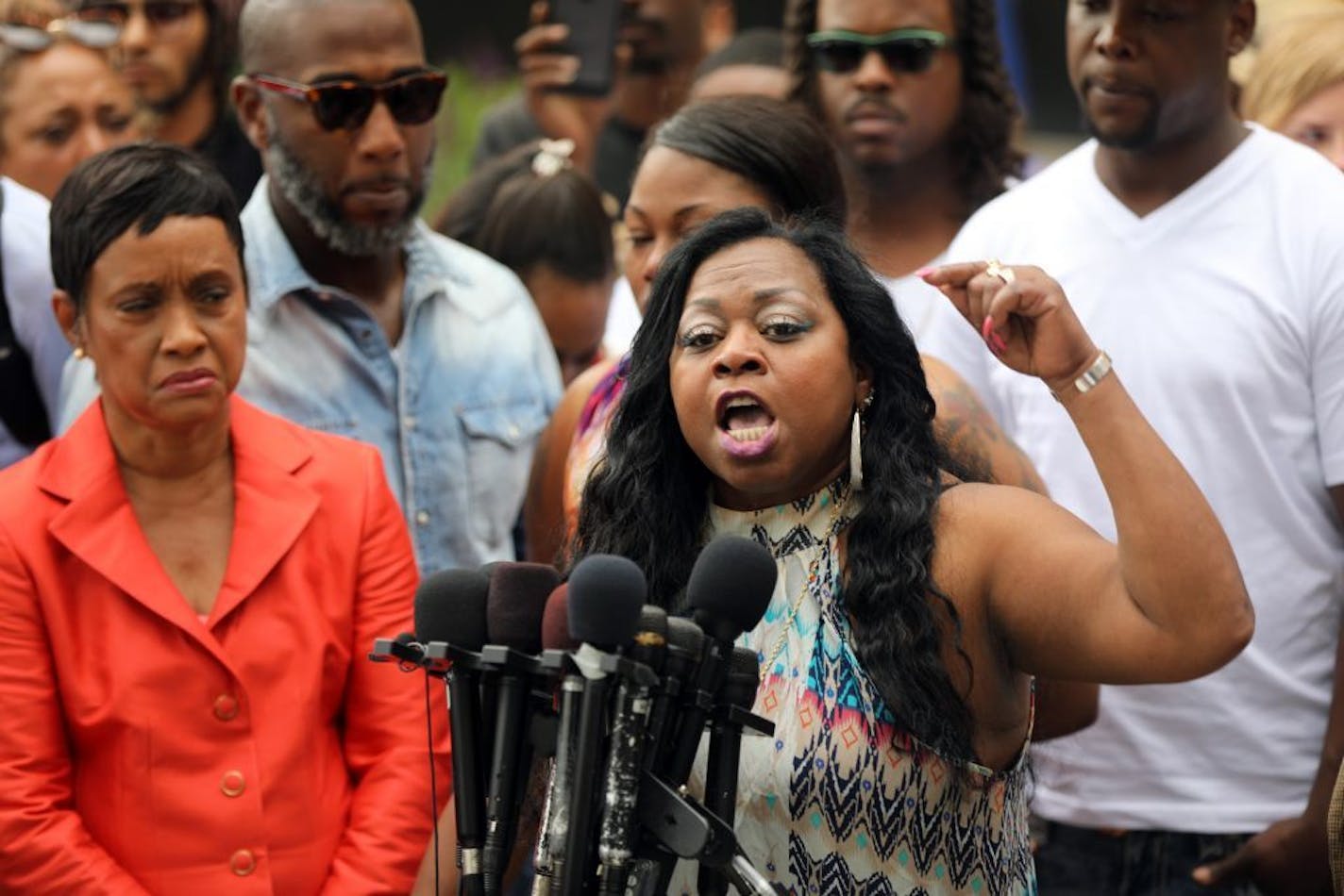 Valerie Castile, mother of Philando Castile, speaks after the not-guilty verdict for Jeronimo Yanez on Friday, June 16. At left is the family's attorney, Glenda Hatchett.