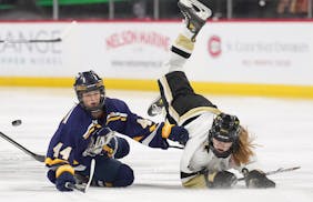 Rosemount defenseman Aubrey Finn (44) and Andover defenseman Ella Thoreson (2) collide in the neutral zone in the first period at Xcel Energy Center i