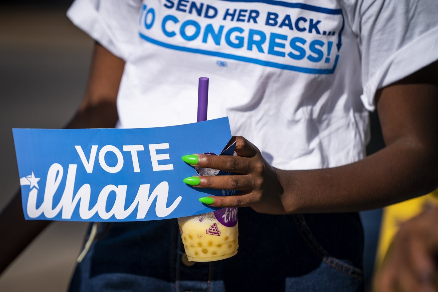 U.S. Rep. Ilhan Omar's daughter Isra Hirsi campaigned for her mother at the corner of Broadway Street and Central Avenue NE in Minneapolis.