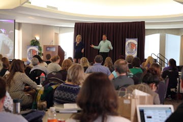 Keynote speaker Dan Morris and Rachel Marie Martin from Blogging Concentrated talk to attendees of the Minnesota Blogger Conference about growing blog