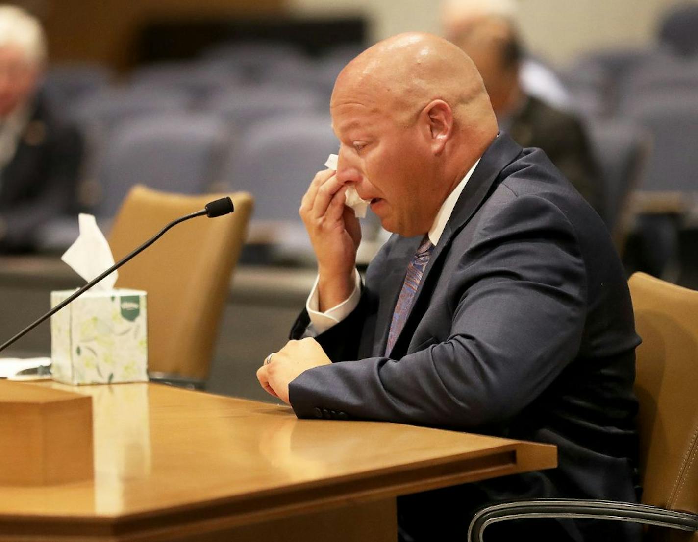 Minnesota Senate Republicans held the first in a series of hearing looking into damage to Twin Cities businesses in the wake of the unrest related to the killing of George Floyd in May at the Senate Building in St. Paul, Wednesday. Here, Jim Stage, owner of Lloyds Pharmacy in St. Paul becomes emotional when talking about the fire and total destruction to his business that was located on Snelling Ave. N. In St. Paul.