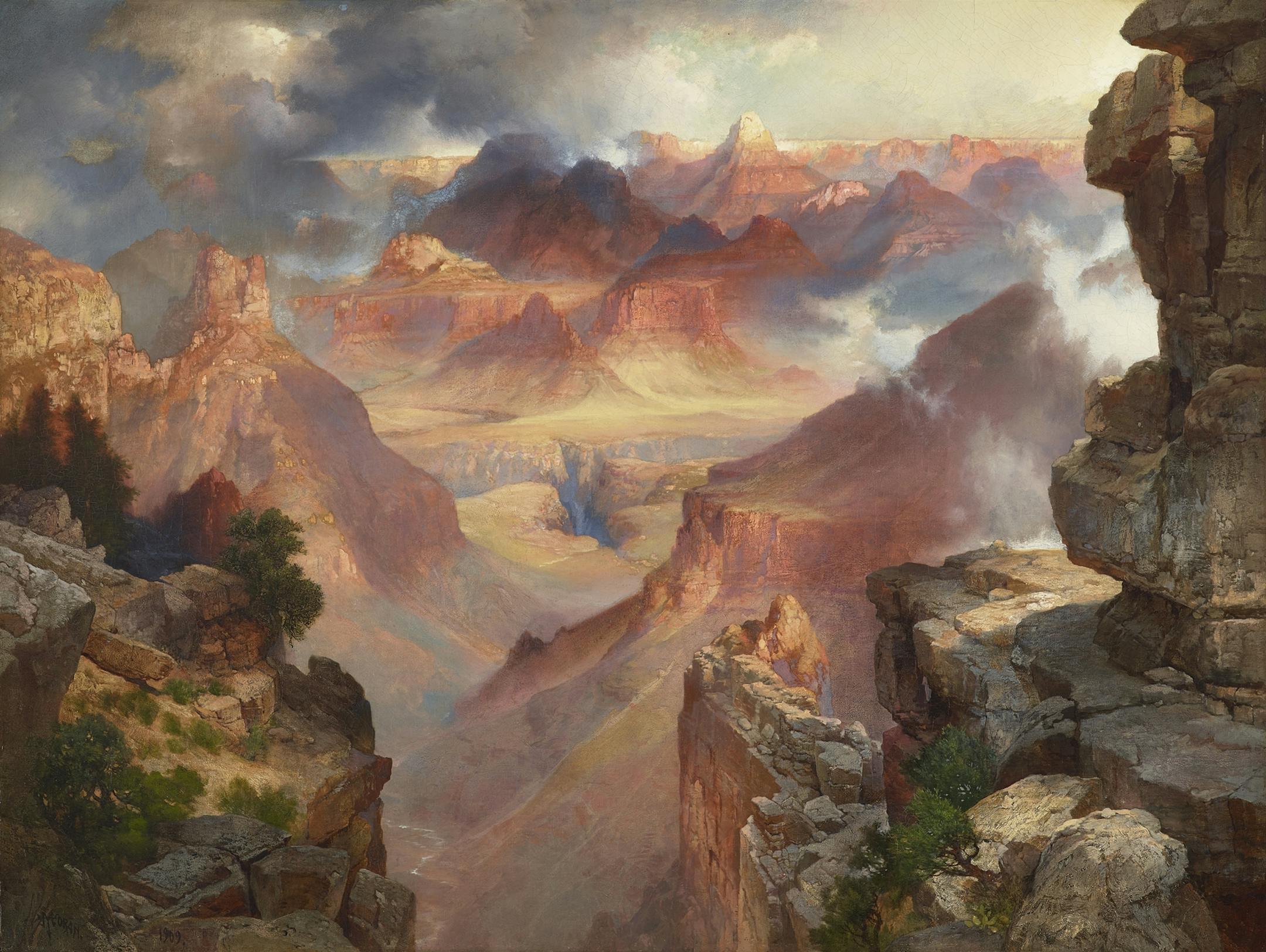 Thomas Moran’s 1909 painting “Grand Canyon of Arizona at Sunset” mythologizes the American landscape while glossing over its tragic history.