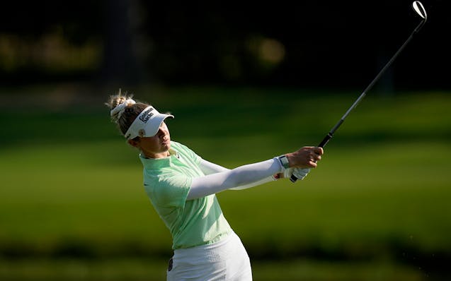 Nelly Korda hits from the fifth fairway during the first round of the Chevron Championship.