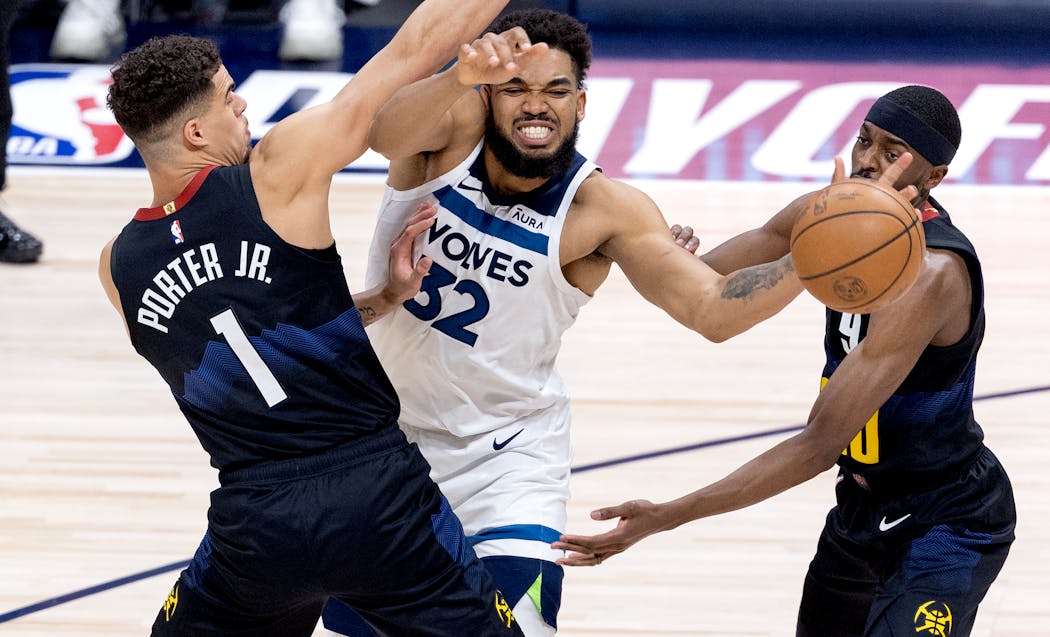 Karl Anthony Towns (32) of the Minnesota Timberwolves on Monday, May 6, 2024, at Ball Arena in Denver, Colo.  ] CARLOS GONZALEZ • carlos.gonzalez@startribune.com