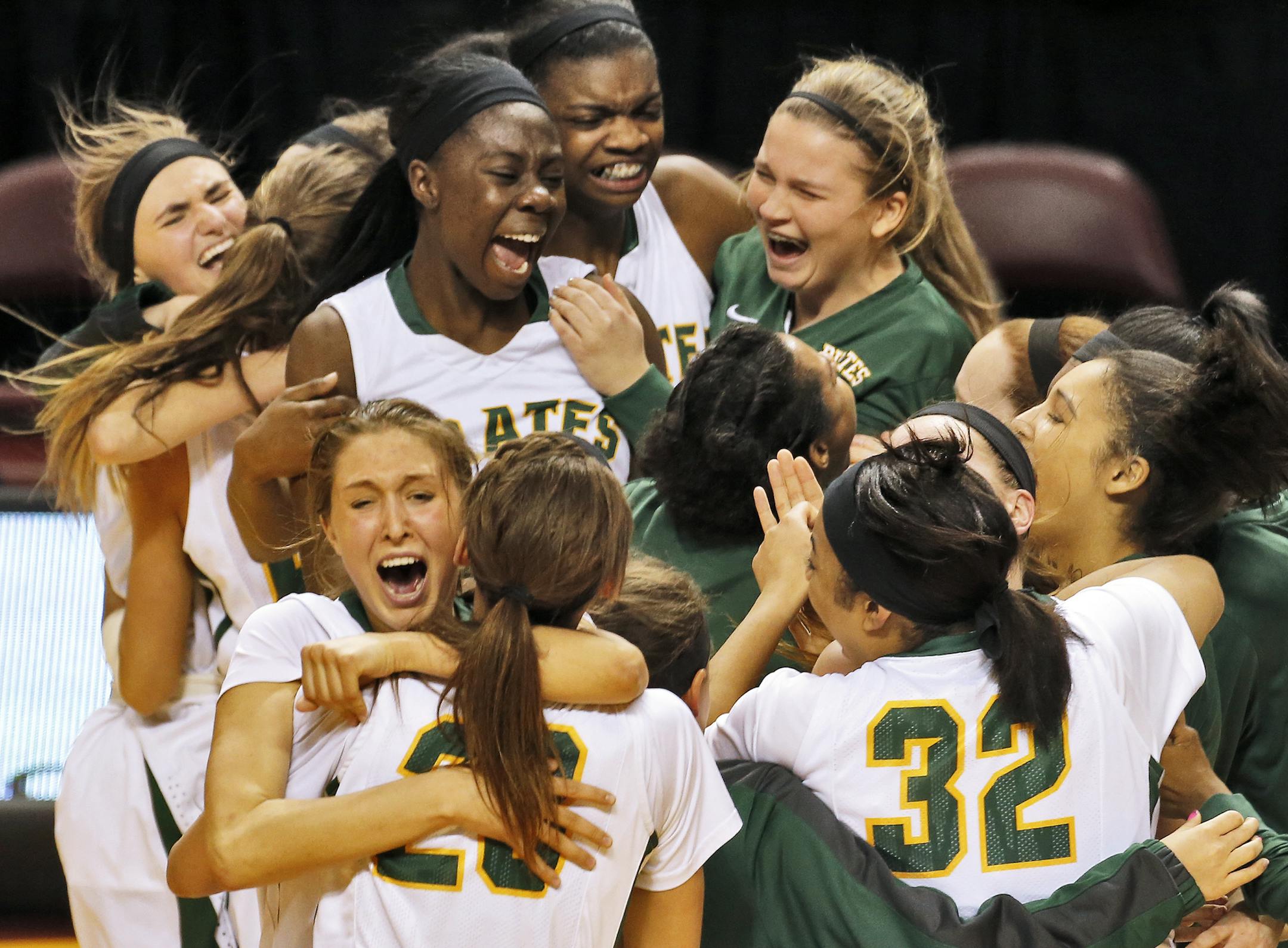 Park Center celebrates. ] Girls Basketball Championship Game - Class 3A - Park Center Pirates vs. Marshall Tigers. Park Center won in three overtime periods 73-71. (MARLIN LEVISON/STARTRIBUNE(mlevison@startribune.com)
