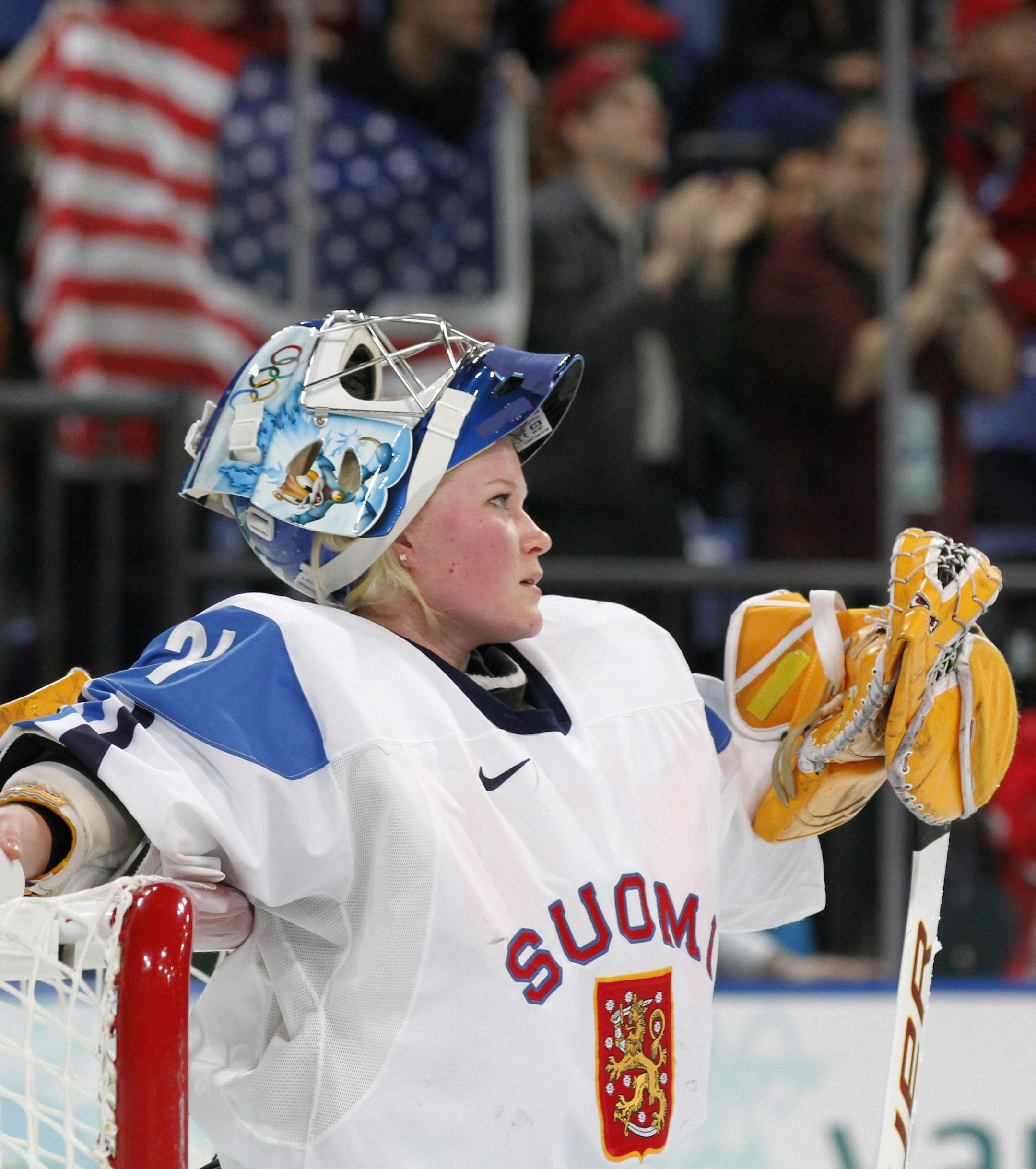Finland's goalie Noora Raty (31) pauses after the USA scored a third goal in the first period in women's preliminary round hockey at the Vancouver 2010 Olympics in Vancouver, British Columbia, Thursday, Feb. 18, 2010. (AP Photo/Gene J. Puskar) ORG XMIT: OLYWH115