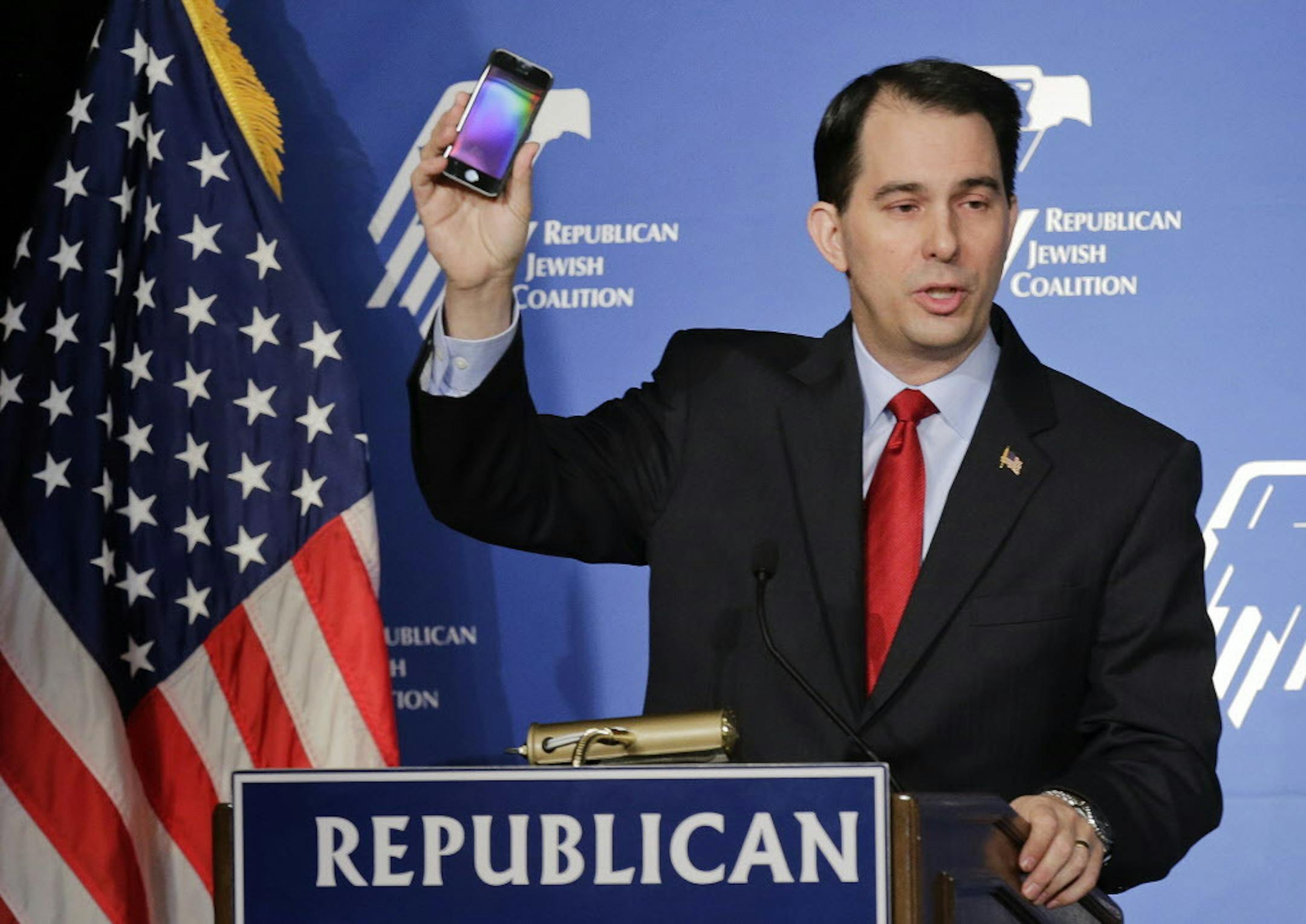 Wisconsin Gov. Scott Walker speaks at the Republican Jewish Coalition Saturday, March 29, 2014, in Las Vegas. Several possible GOP presidential candidates gathered in Las Vegas as Sheldon Adelson, a billionaire casino magnate, is looking for a new favorite to help end his party's presidential losing streak.