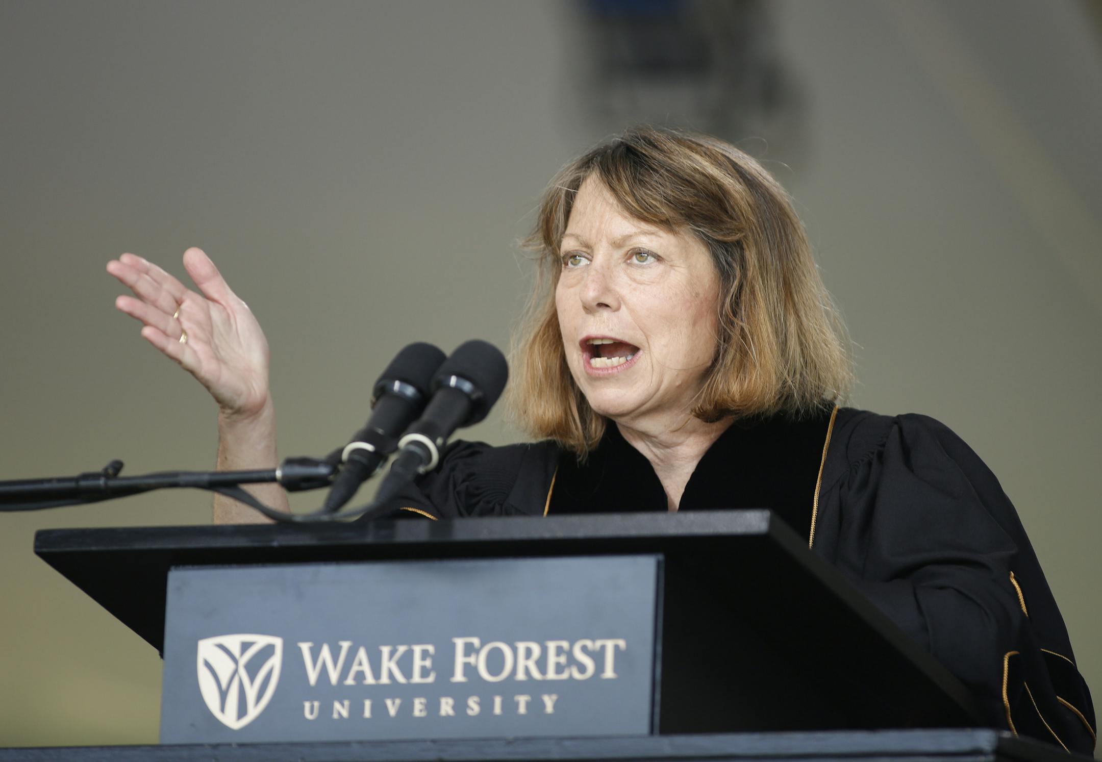 Jill Abramson, former executive editor of The New York Times, speaks at the commencement ceremony at Wake Forest University in Winston-Salem,N.C., Monday, May 19, 2014. "What's next for me? I don't know. So I'm in exactly the same boat as many of you," Abramson told the Class of 2014 Monday morning. The Times announced last week that Abramson was being replaced by managing editor Dean Baquet. (AP Photo/Nell Redmond)