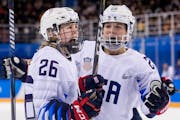 Kendall Coyne Schofield (26) and Hannah Brandt (20) celebrated after a goal against Finland in the 2018 Winter Olympics en route to the gold medal.