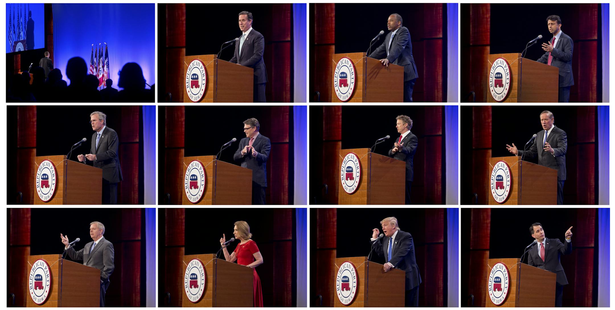 Eleven presidential primary candidates -- some declared, some not -- had 10 minutes each to deliver their speeches to a roomful of more than 1300 Republican stalwarts at the Iowa state party’s Lincoln Dinner in Des Moines, Iowa, May 16, 2015. From left, top row: Former Pennsylvania Senator Rick Santorum, Ben Carson, Louisiana Gov. Bobby Jindal. Middle row: former Florida Gov. Jeb Bush, Texas Gov. Rick Perry, Kentucky Sen. Rand Paul, Former New York Governor George Pataki. Bottom row: Sout