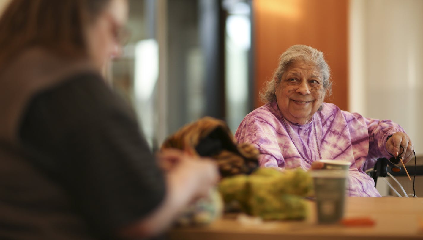 Annie Young visited as she crocheted at the Mississippi Watershed Management Organization in Minneapolis Tuesday evening. ] JEFF WHEELER &#xef; jeff.wheeler@startribune.com Annie Young is perhaps the unlikeliest of politicos to reach the status of the dean of elected municipal officials in Minneapolis. She's a veteran of the city's co-op wars, she inhaled, and she's an advocate for at least one clothing-optional beach in the city. Tuesday night, April 14, 2015, she participated in a crocheting c