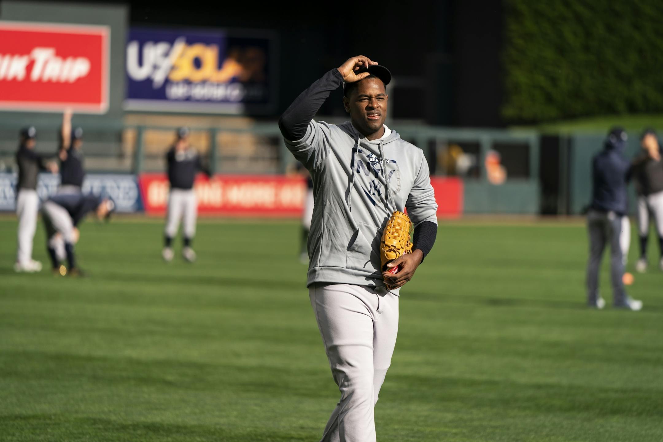 New York Yankees starting pitcher Luis Severino (40) walked off the field after his workout.