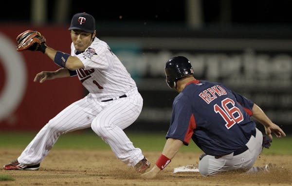 Boston Red Sox's Jason Repko, right, steals second base as Minnesota Twins shortstop Tsuyoshi Nishioka, of Japan, is late on the play during the secon