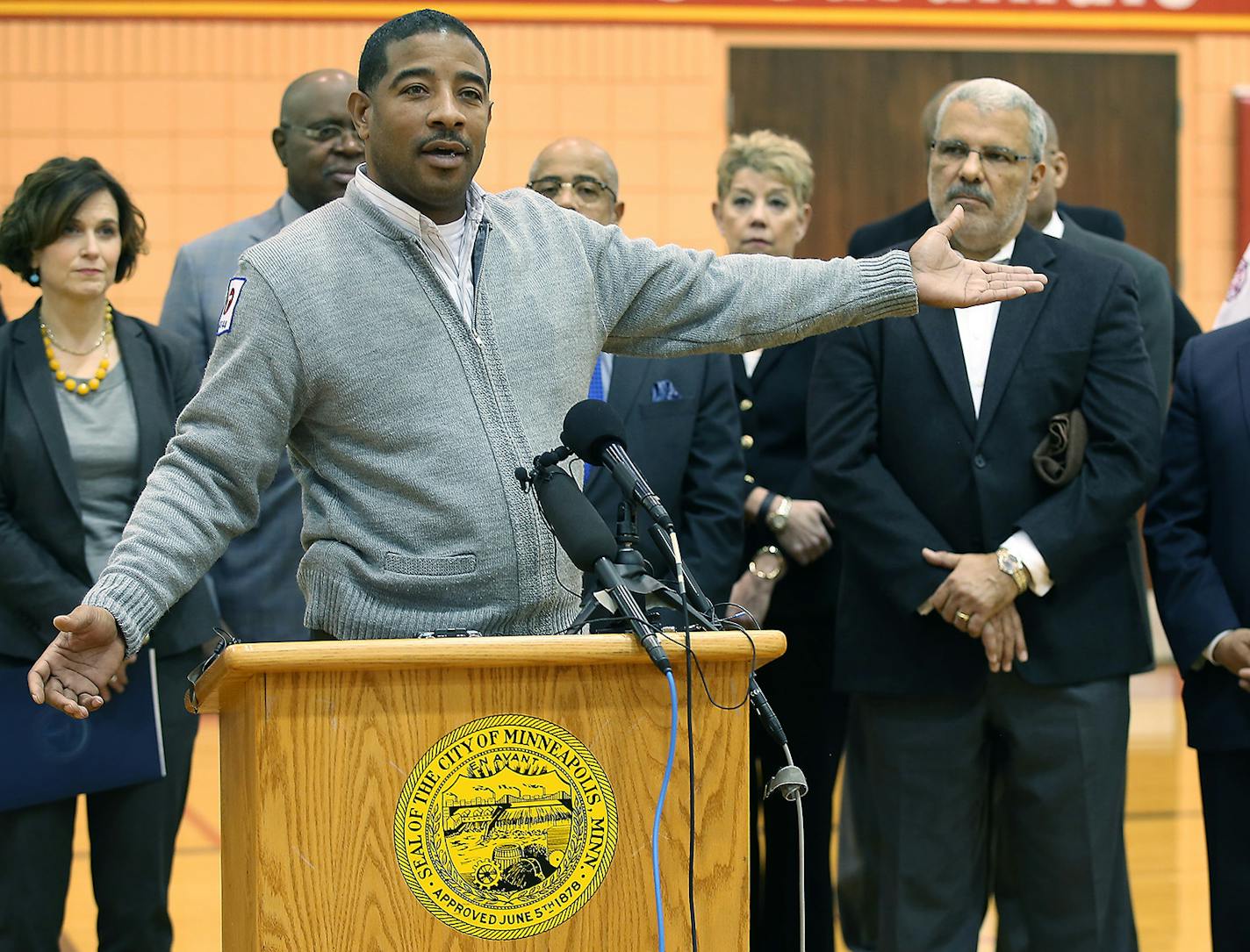 Trahern "Tray" Pollard, founder of "We Push for Peace," pleaded with those occupying the 4th Police Precinct to leave during a press conference at the Farview Recreation Center, Monday, November 30, 2015 in Minneapolis, MN. ] (ELIZABETH FLORES/STAR TRIBUNE) ELIZABETH FLORES &#x2022; eflores@startribune.com