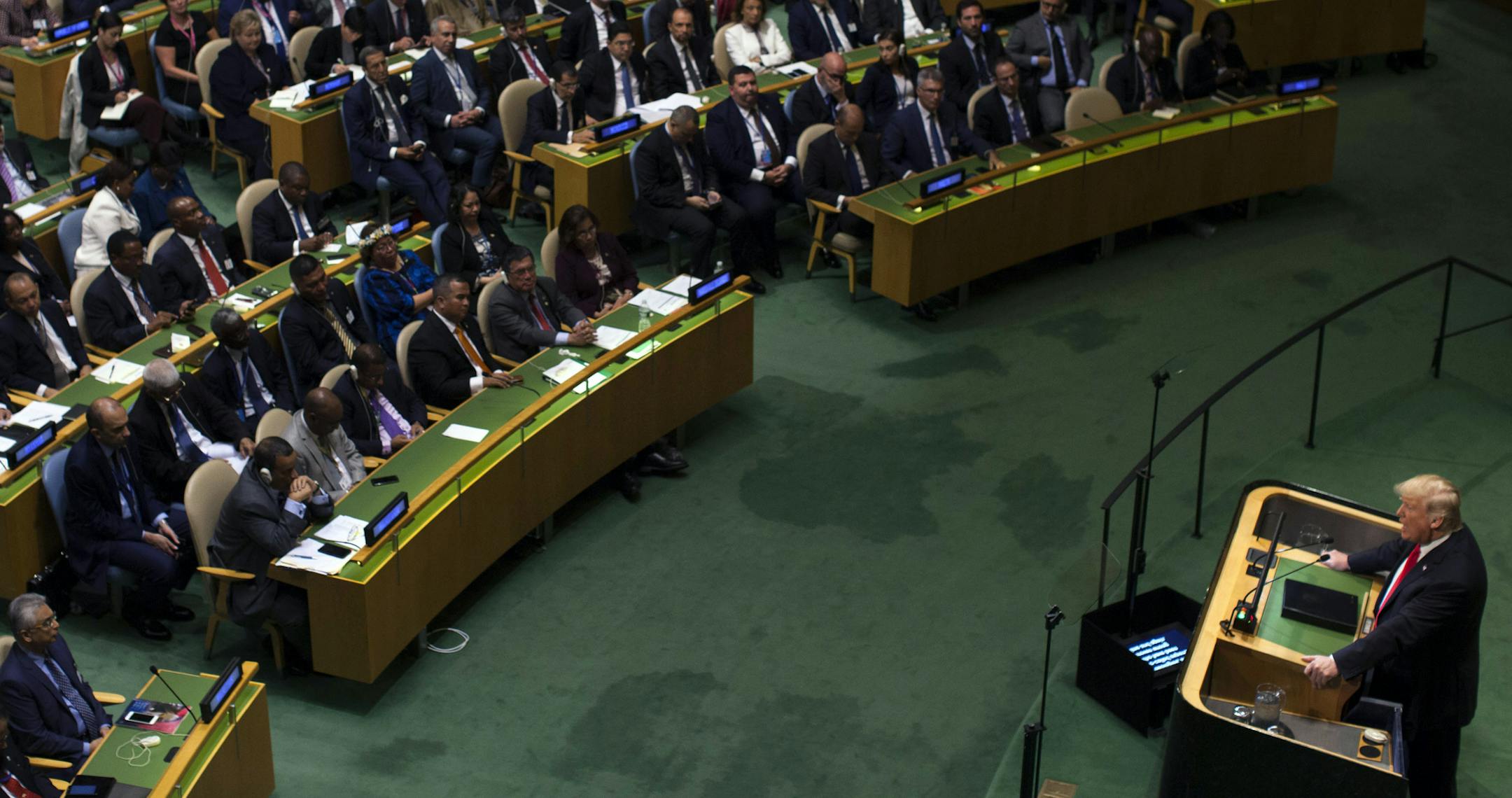 President Donald Trump addresses the U.N. General Assembly at U.N. headquarters in New York on Tuesday, Sept. 25, 2018. (Dave Sanders/The New York Times)