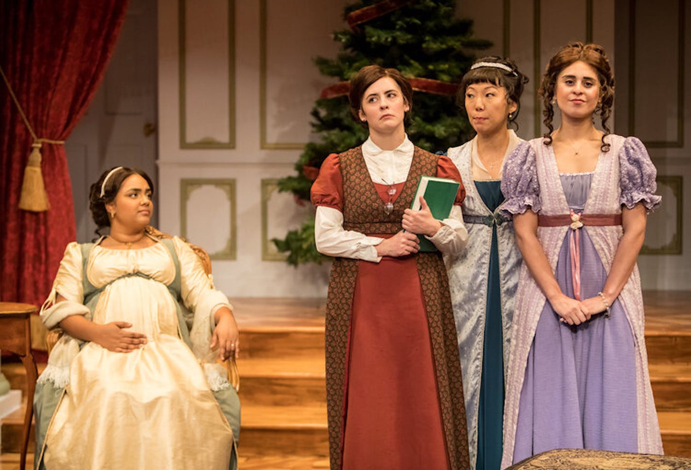 L-R: Jane Bennet Bingley (Roshni Desai), Mary Bennet (Christian Bardin), Elizabeth &#x2018;Lizzie&#x2019; Bennet Darcy (Sun Mee Chomet) and Lydia Bennet Wickham (Andrea San Miguel) Photo by Dan Norman