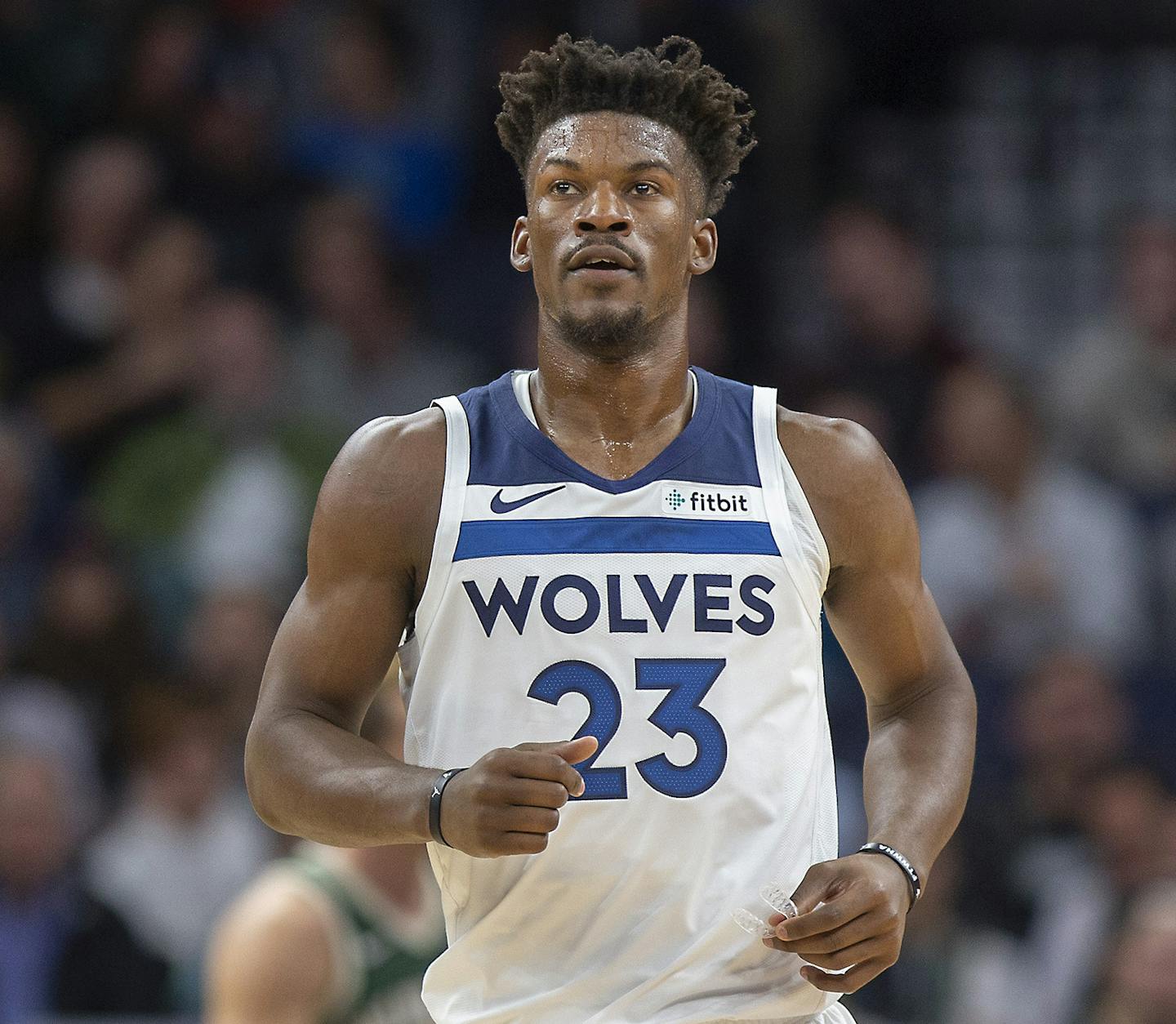 Timberwolves guard Jimmy Butler ran back to defend after missing a shot during the second quarter as the Minnesota Timberwolves took on the Milwaukee Bucks at Target Center, Friday, October 26, 2018 in Minneapolis, MN. ] ELIZABETH FLORES &#x2022; liz.flores@startribune.com