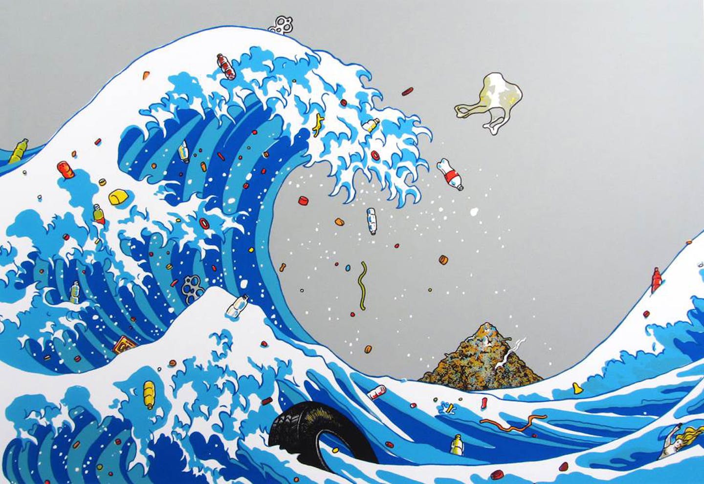 "The Great Trash Wave," by Russ White, reinterprets Hokusai's famous image by adding trash. It's part of a Form + Content exhibit that was designed to critique branding.